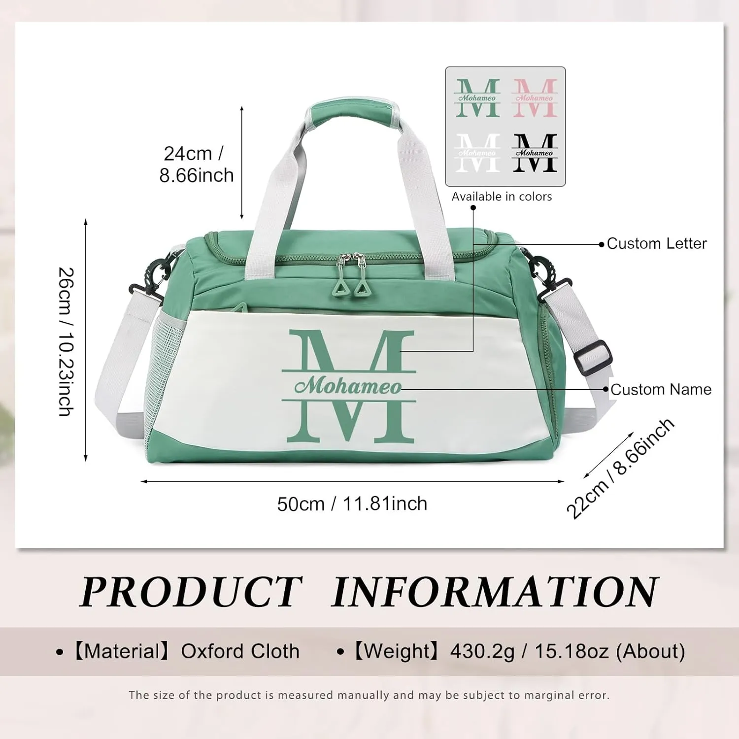 Personalized Duffel Bag with Name, Travel Duffel with Wet Pocket & Shoe Compartment, Sport Gym Bags for Women/Men, Overnight Bag for Traveling and Sports Enthusiasts (Style 1-Green)