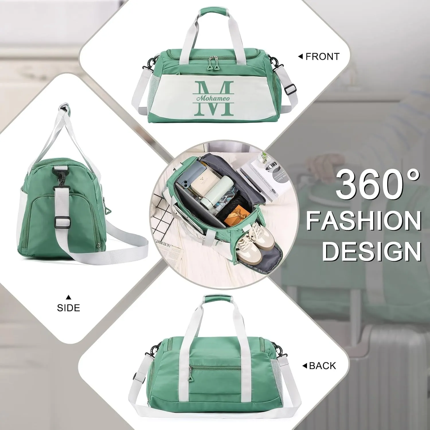 Personalized Duffel Bag with Name, Travel Duffel with Wet Pocket & Shoe Compartment, Sport Gym Bags for Women/Men, Overnight Bag for Traveling and Sports Enthusiasts (Style 1-Green)