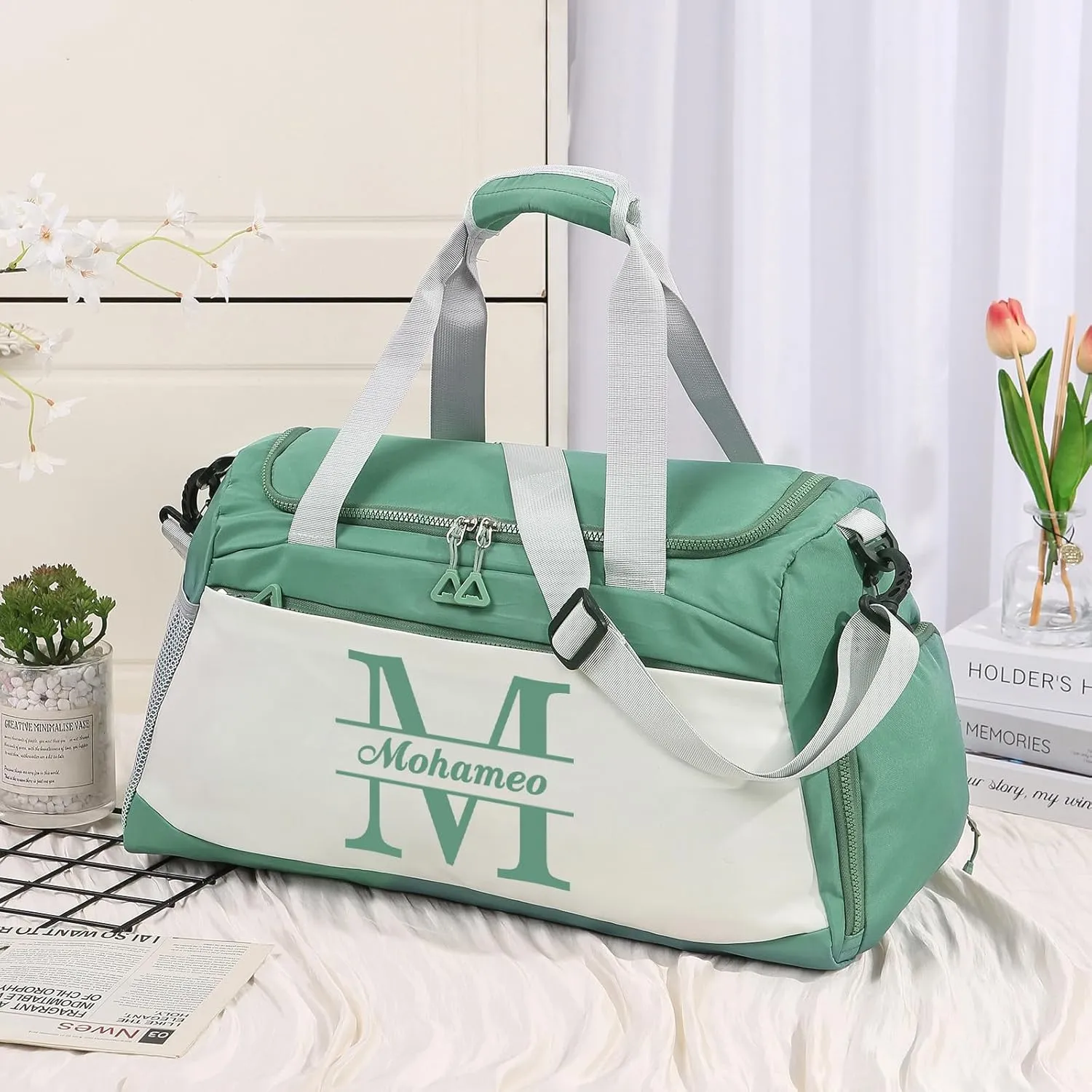 Personalized Duffel Bag with Name, Travel Duffel with Wet Pocket & Shoe Compartment, Sport Gym Bags for Women/Men, Overnight Bag for Traveling and Sports Enthusiasts (Style 1-Green)