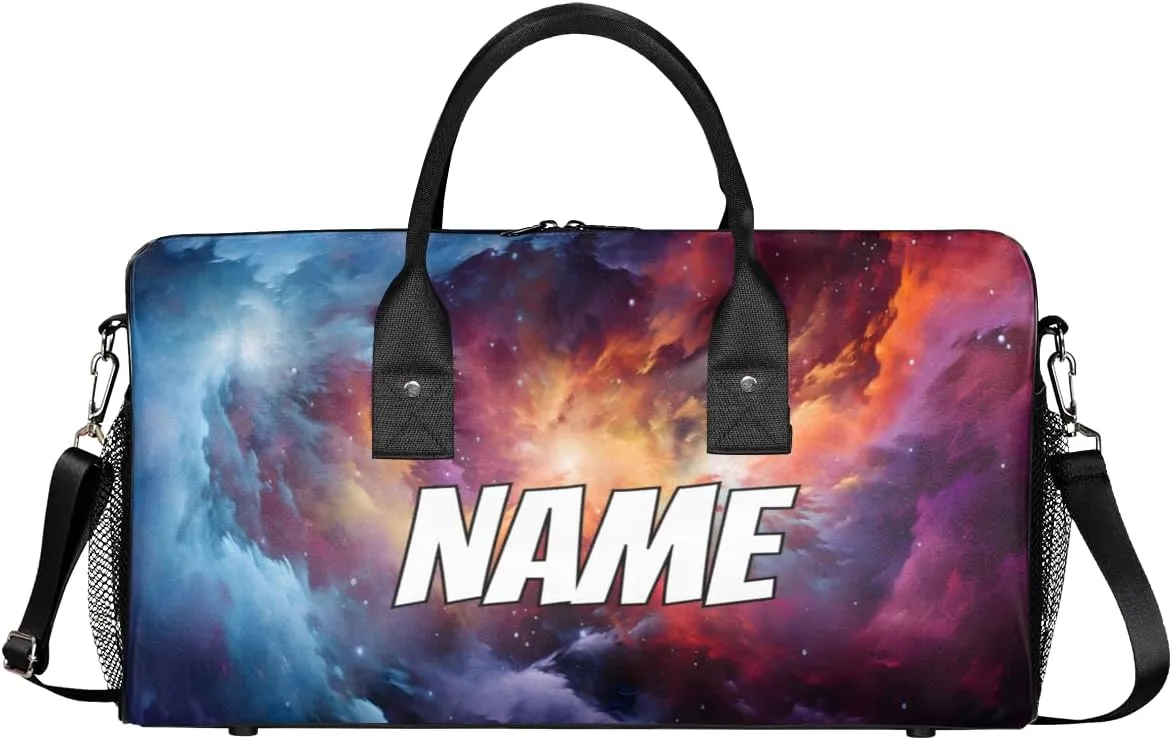Personalized Fantasy Universe Travel Duffel Bag with Name, Custom Gym Sport Bag Galaxy Nebula Carry On Weekend Overnight Duffel Bag for Men Women