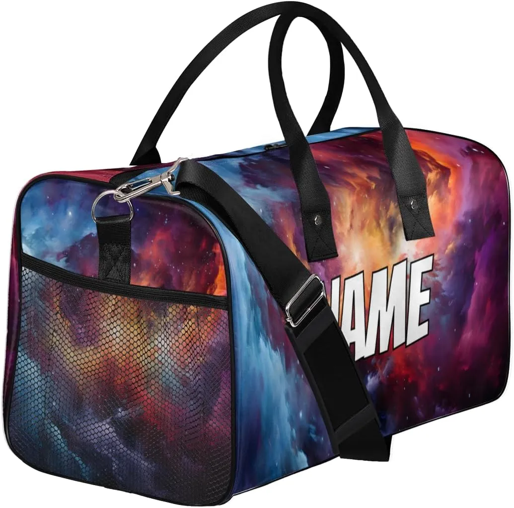 Personalized Fantasy Universe Travel Duffel Bag with Name, Custom Gym Sport Bag Galaxy Nebula Carry On Weekend Overnight Duffel Bag for Men Women