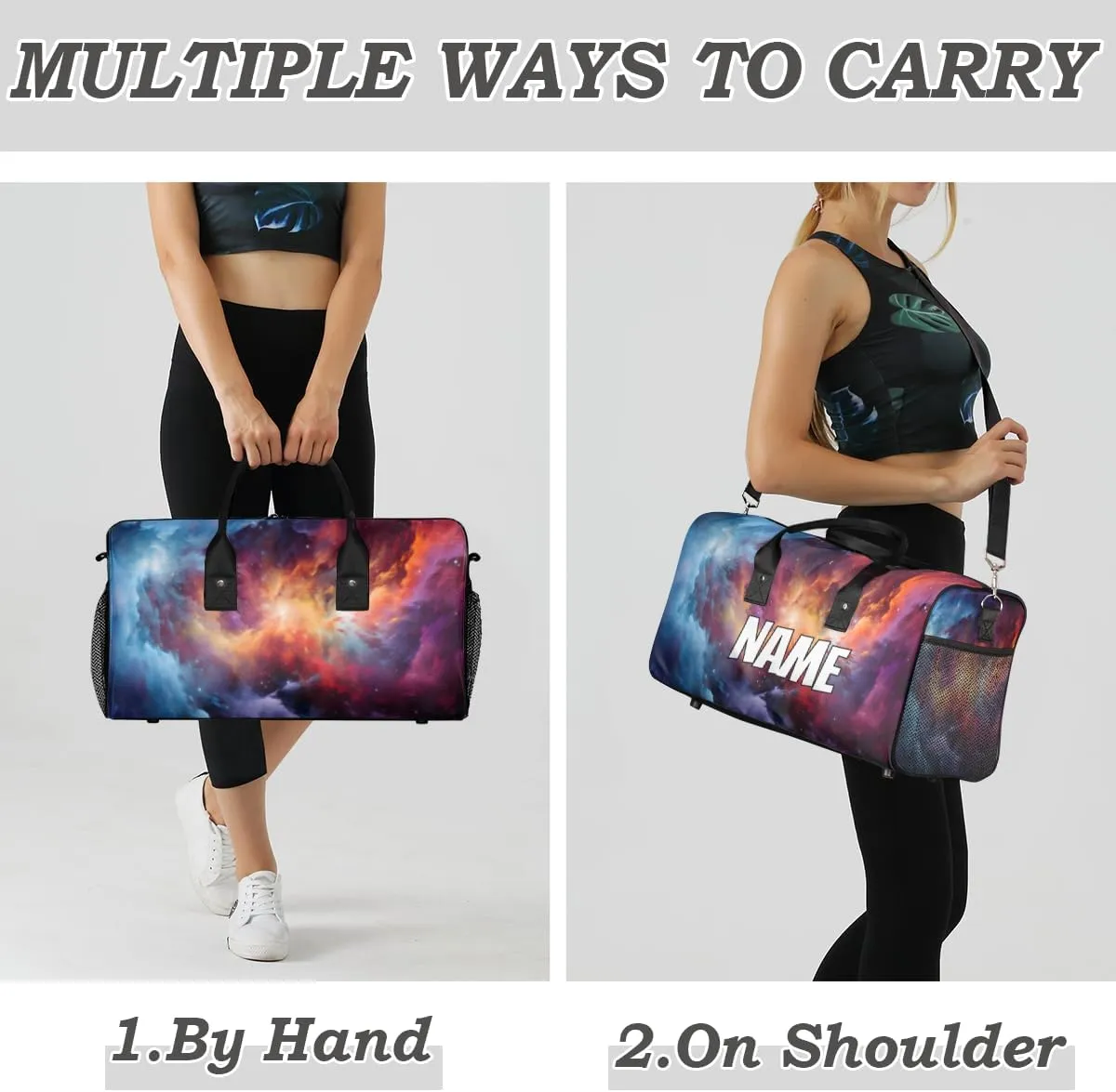 Personalized Fantasy Universe Travel Duffel Bag with Name, Custom Gym Sport Bag Galaxy Nebula Carry On Weekend Overnight Duffel Bag for Men Women