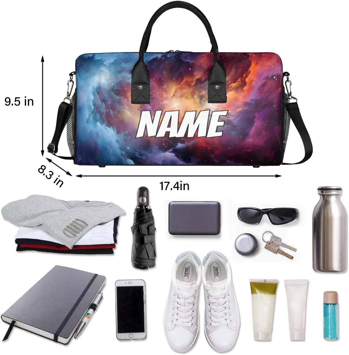 Personalized Fantasy Universe Travel Duffel Bag with Name, Custom Gym Sport Bag Galaxy Nebula Carry On Weekend Overnight Duffel Bag for Men Women
