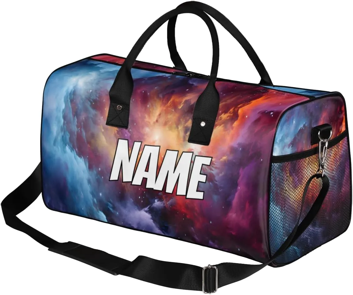 Personalized Fantasy Universe Travel Duffel Bag with Name, Custom Gym Sport Bag Galaxy Nebula Carry On Weekend Overnight Duffel Bag for Men Women