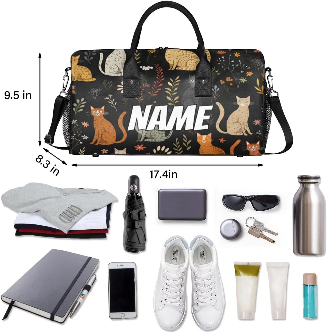 Personalized Garden Cat Travel Duffel Bag with Name, Custom Gym Sport Bag Colorful Floral Carry On Weekend Overnight Duffel Bag for Men Women