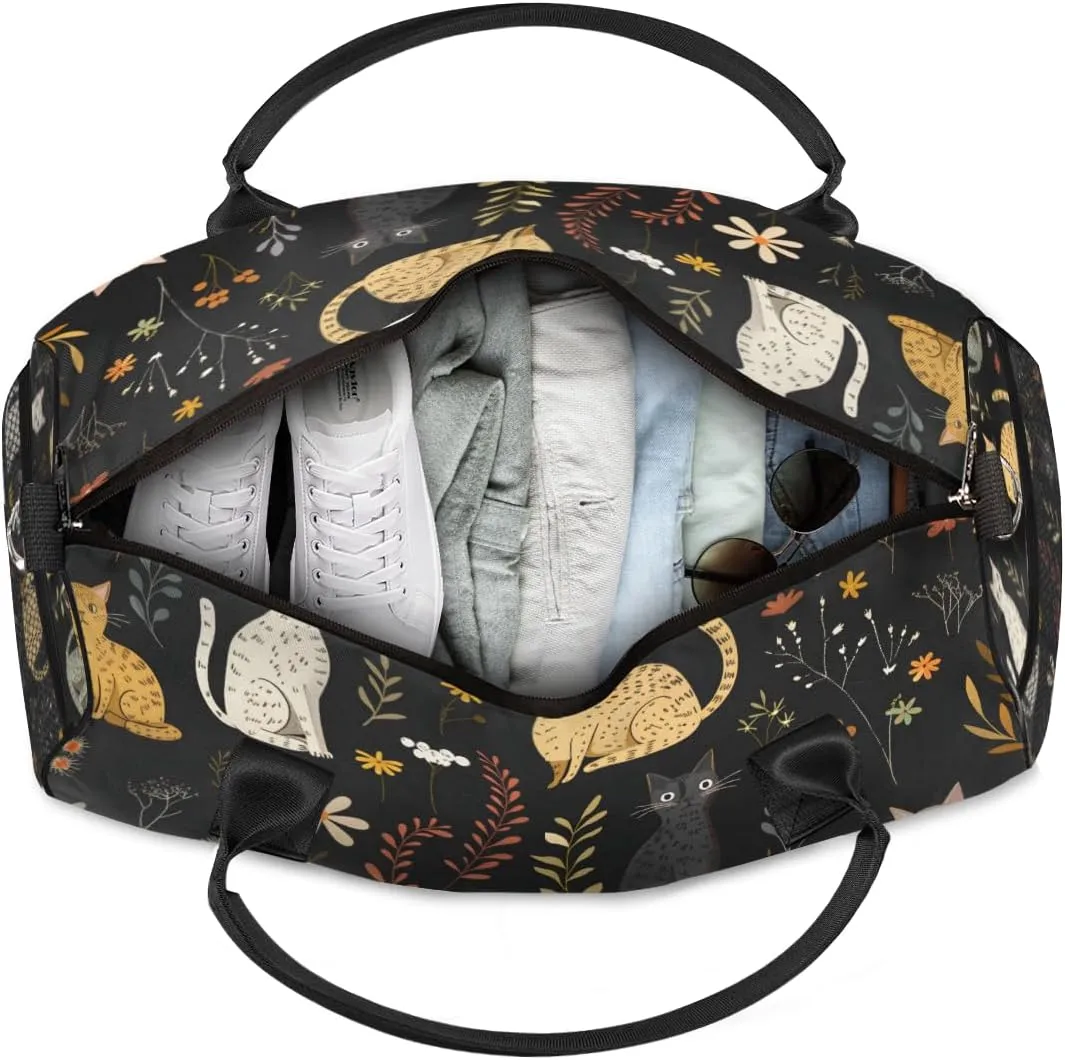 Personalized Garden Cat Travel Duffel Bag with Name, Custom Gym Sport Bag Colorful Floral Carry On Weekend Overnight Duffel Bag for Men Women