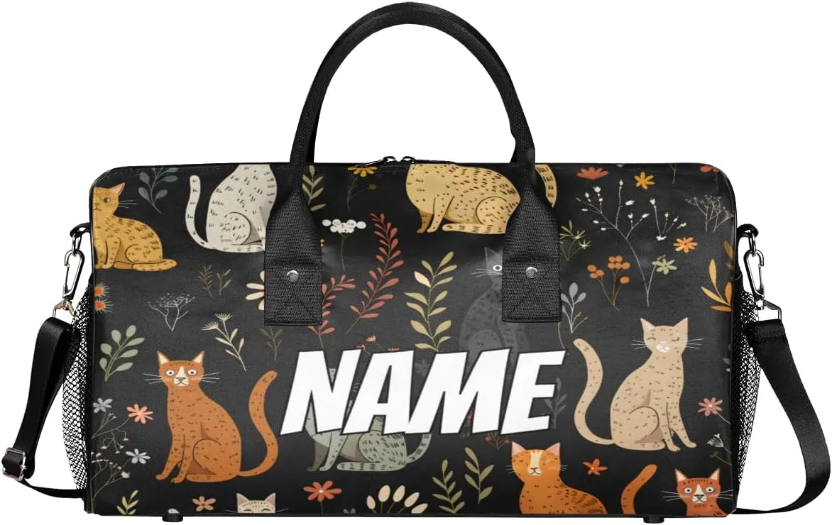 Personalized Garden Cat Travel Duffel Bag with Name, Custom Gym Sport Bag Colorful Floral Carry On Weekend Overnight Duffel Bag for Men Women