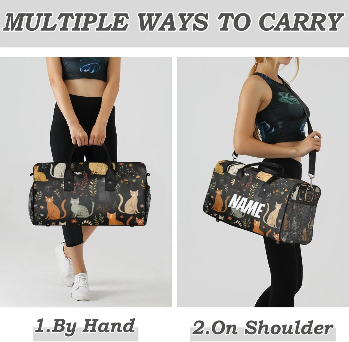 Personalized Garden Cat Travel Duffel Bag with Name, Custom Gym Sport Bag Colorful Floral Carry On Weekend Overnight Duffel Bag for Men Women