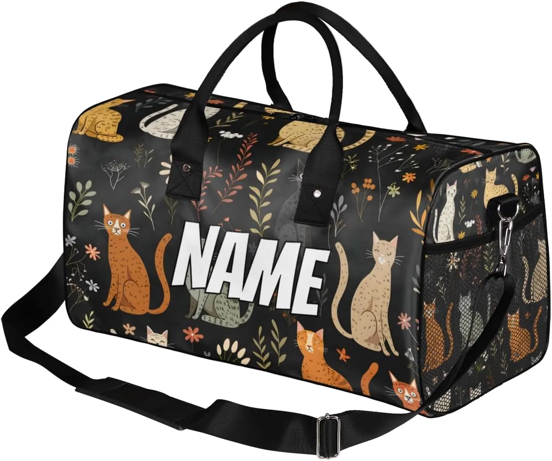 Personalized Garden Cat Travel Duffel Bag with Name, Custom Gym Sport Bag Colorful Floral Carry On Weekend Overnight Duffel Bag for Men Women