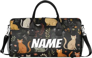 Personalized Garden Cat Travel Duffel Bag with Name, Custom Gym Sport Bag Colorful Floral Carry On Weekend Overnight Duffel Bag for Men Women