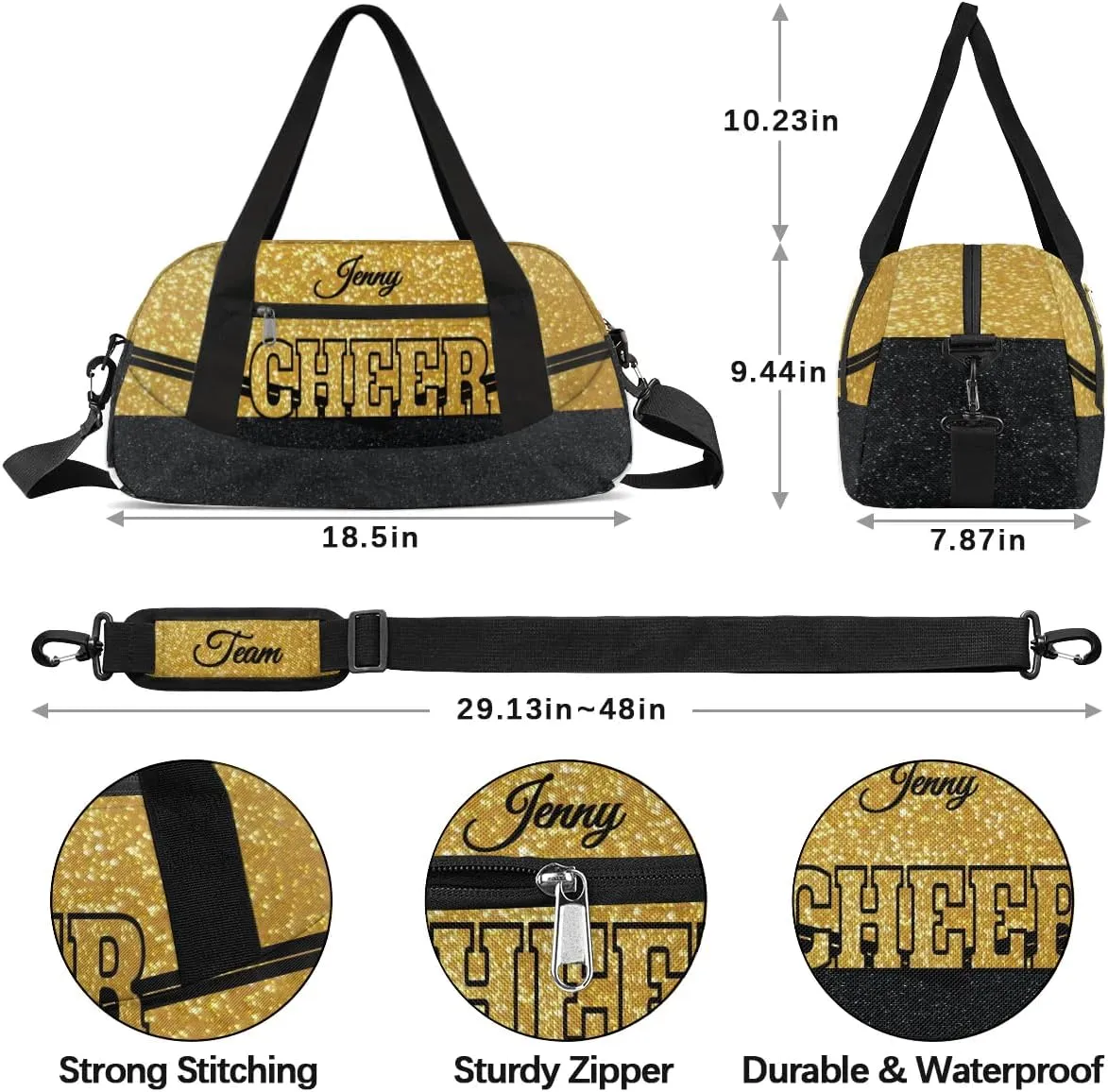Personalized Glitter Cheer Bag Girls,Foldable Kids Duffel Bag Custom Team Gift Sports Bag Gym Weekender Bags Overnight Travel Lightweight Gymnastics Bag,Gold