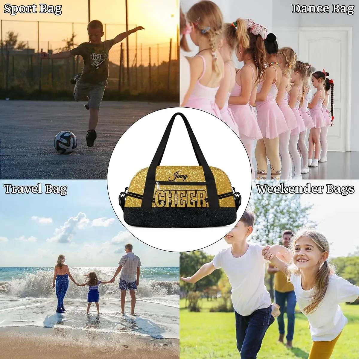 Personalized Glitter Cheer Bag Girls,Foldable Kids Duffel Bag Custom Team Gift Sports Bag Gym Weekender Bags Overnight Travel Lightweight Gymnastics Bag,Gold
