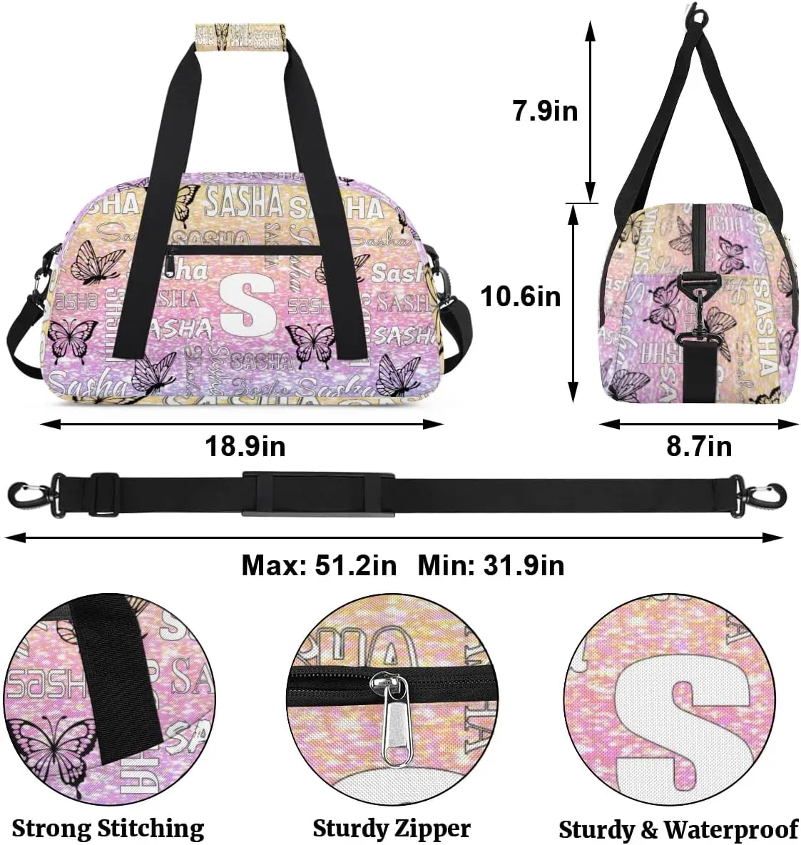 Personalized Initials Duffel Bags for Women, Custom Sport Duffel Bag with Name, Butterfly Print Overnight Carry-On Bag Weekender Bags, Glitter Custom Gifts