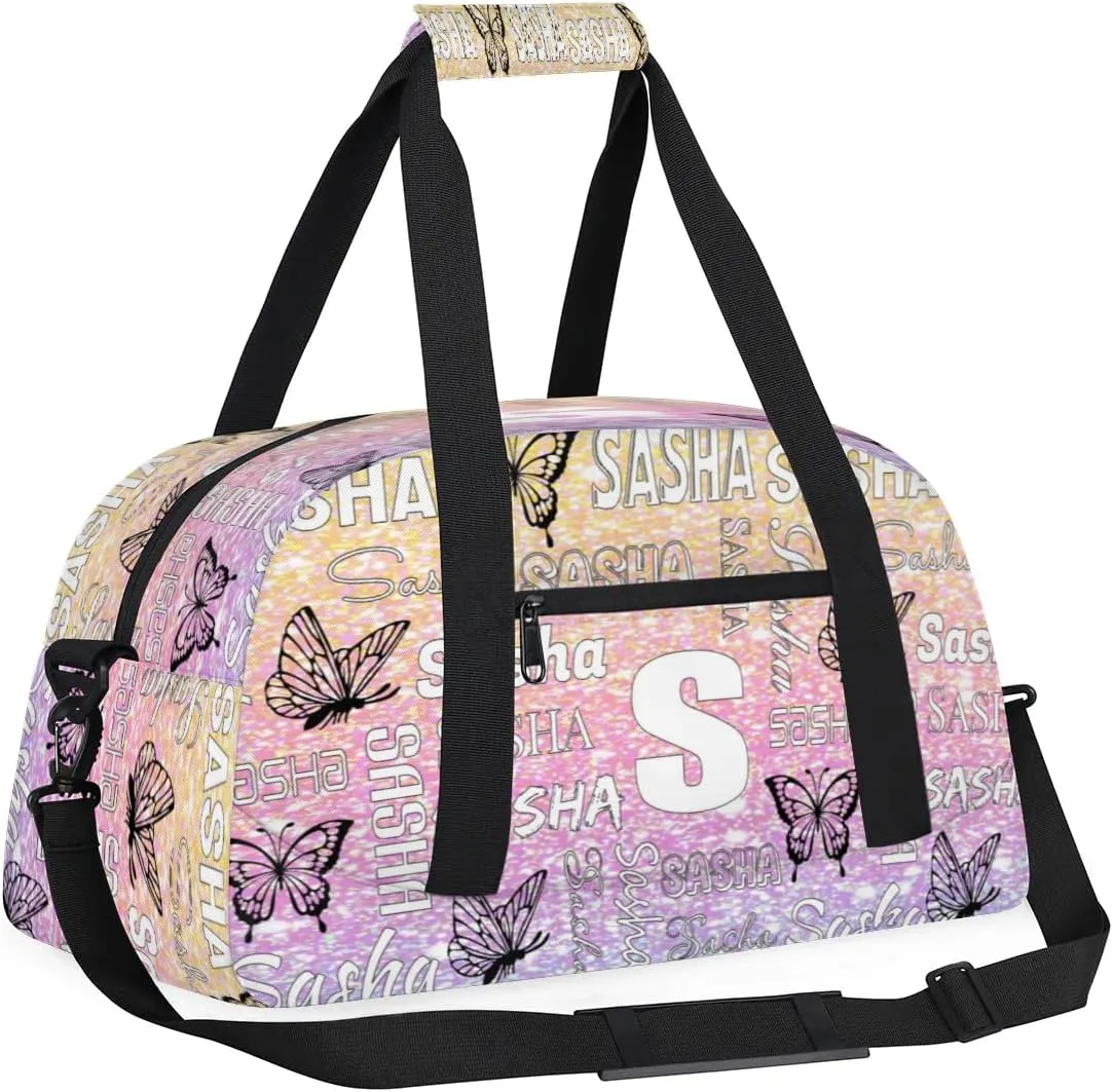Personalized Initials Duffel Bags for Women, Custom Sport Duffel Bag with Name, Butterfly Print Overnight Carry-On Bag Weekender Bags, Glitter Custom Gifts