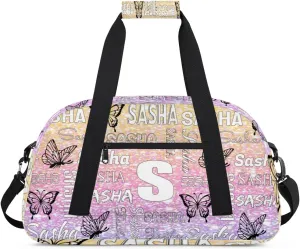 Personalized Initials Duffel Bags for Women, Custom Sport Duffel Bag with Name, Butterfly Print Overnight Carry-On Bag Weekender Bags, Glitter Custom Gifts
