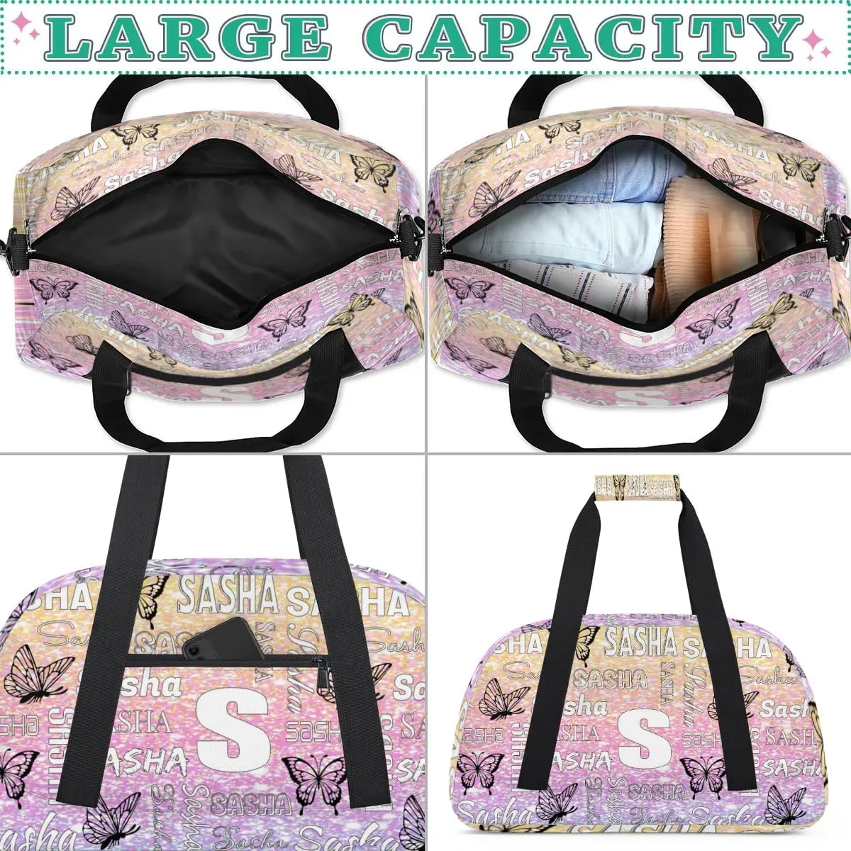 Personalized Initials Duffel Bags for Women, Custom Sport Duffel Bag with Name, Butterfly Print Overnight Carry-On Bag Weekender Bags, Glitter Custom Gifts