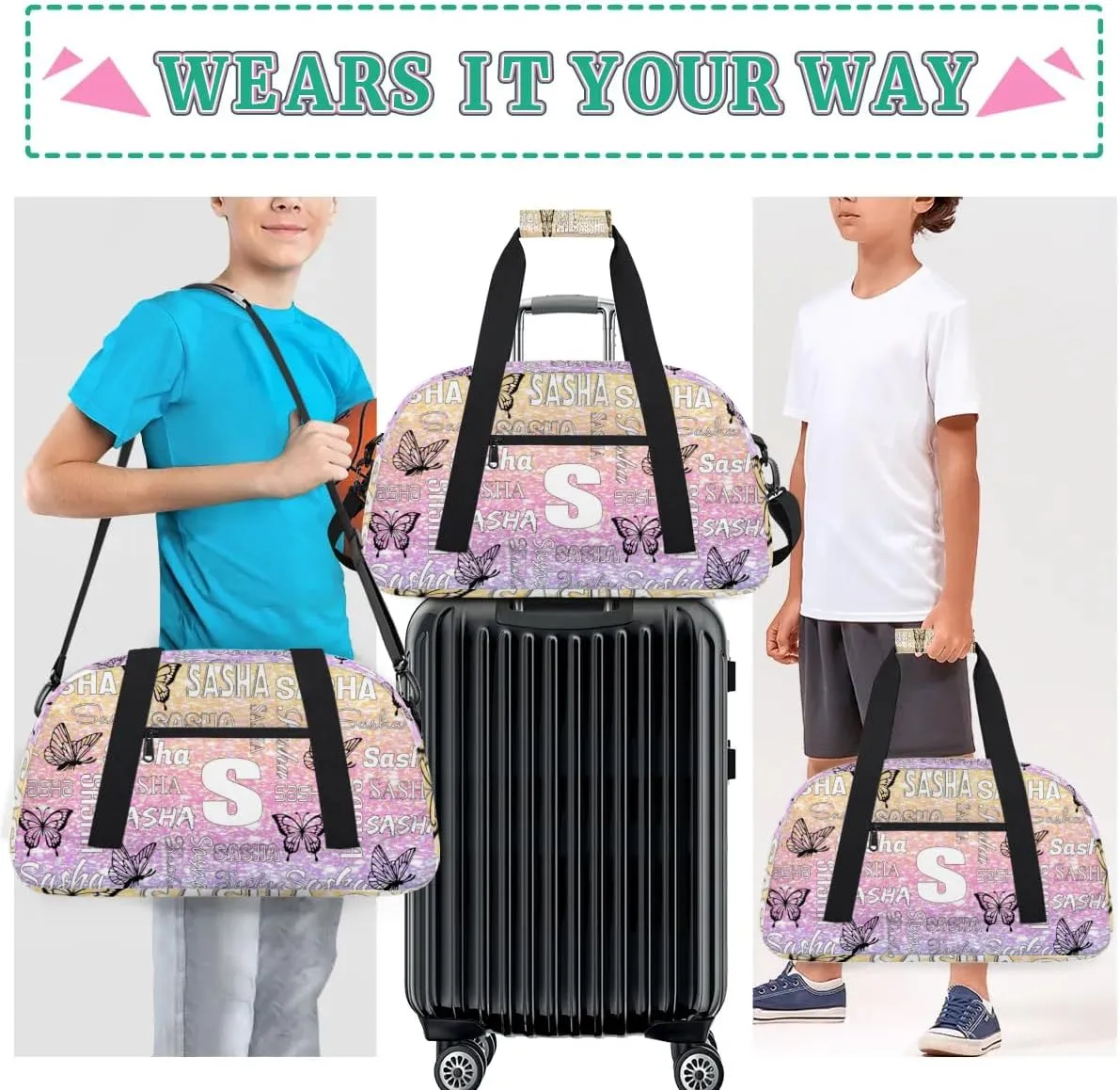 Personalized Initials Duffel Bags for Women, Custom Sport Duffel Bag with Name, Butterfly Print Overnight Carry-On Bag Weekender Bags, Glitter Custom Gifts