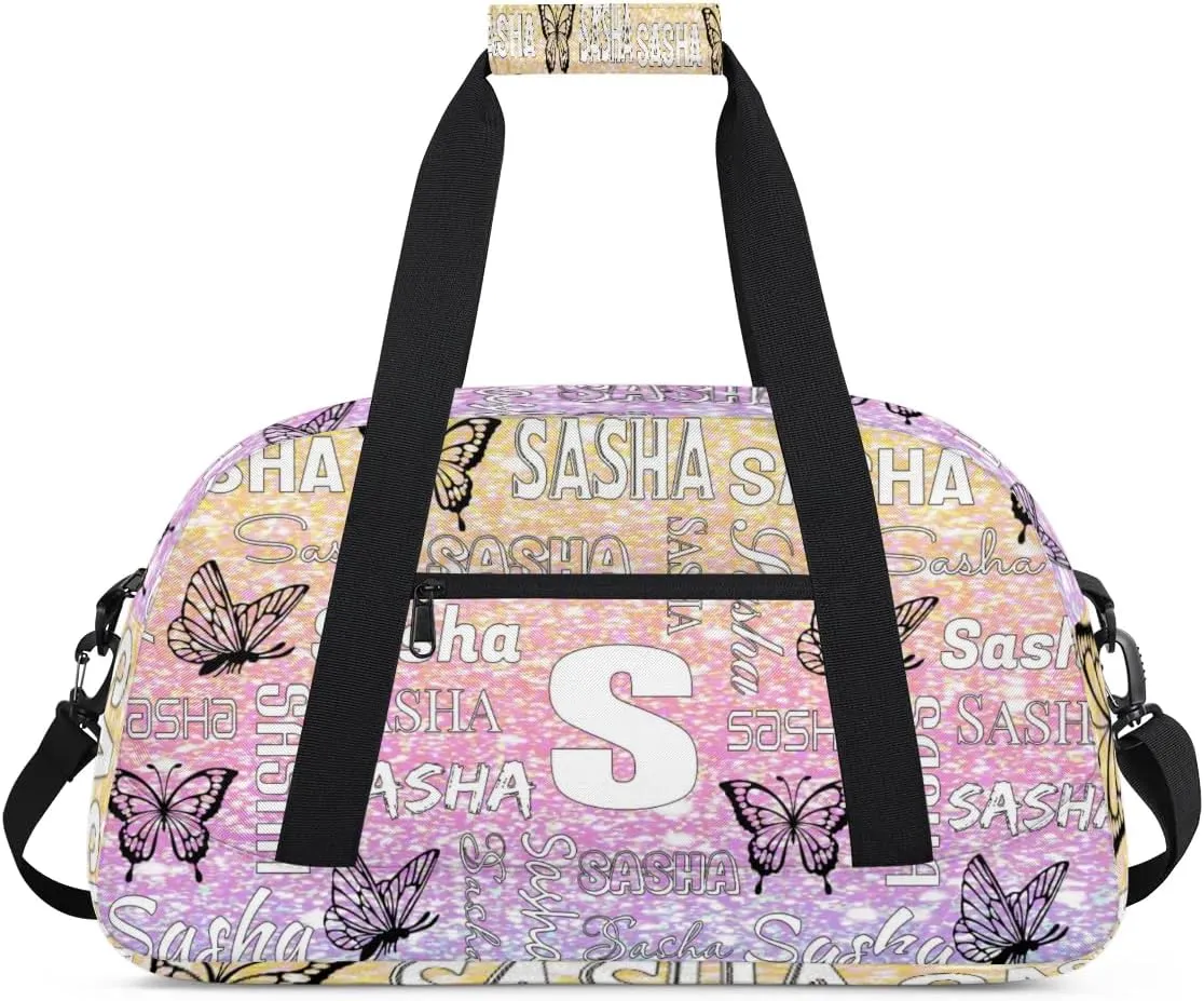 Personalized Initials Duffel Bags for Women, Custom Sport Duffel Bag with Name, Butterfly Print Overnight Carry-On Bag Weekender Bags, Glitter Custom Gifts