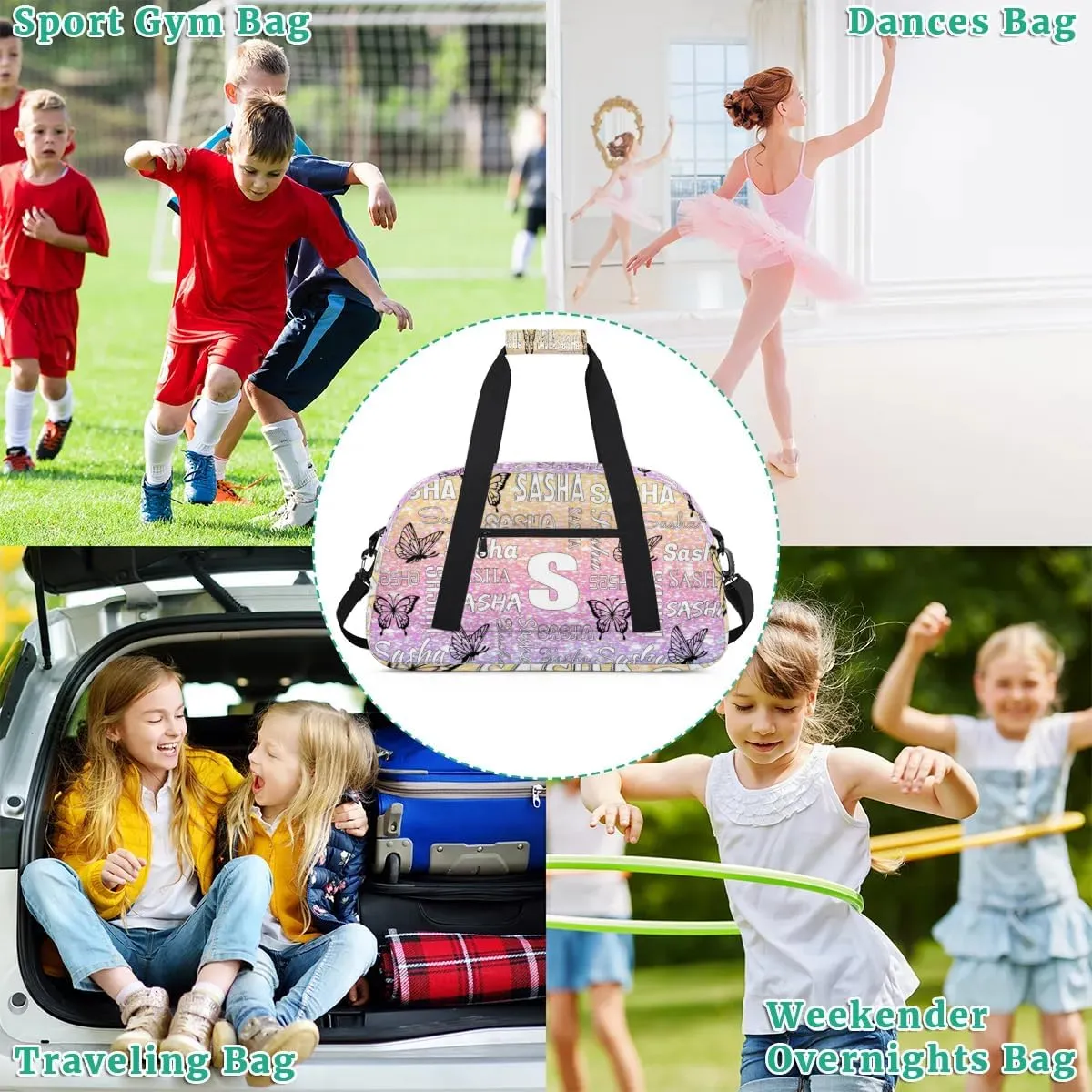 Personalized Initials Duffel Bags for Women, Custom Sport Duffel Bag with Name, Butterfly Print Overnight Carry-On Bag Weekender Bags, Glitter Custom Gifts