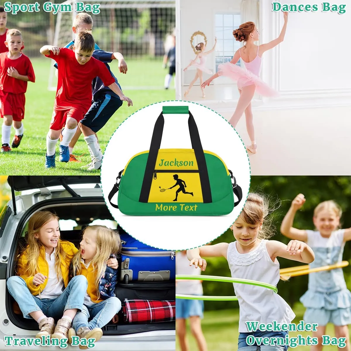 Personalized Kids Duffle Bag for Boys, Custom Sport Gym Bag with Name, Fit School Practice, or Overnight Weekender Travel Green Badminton