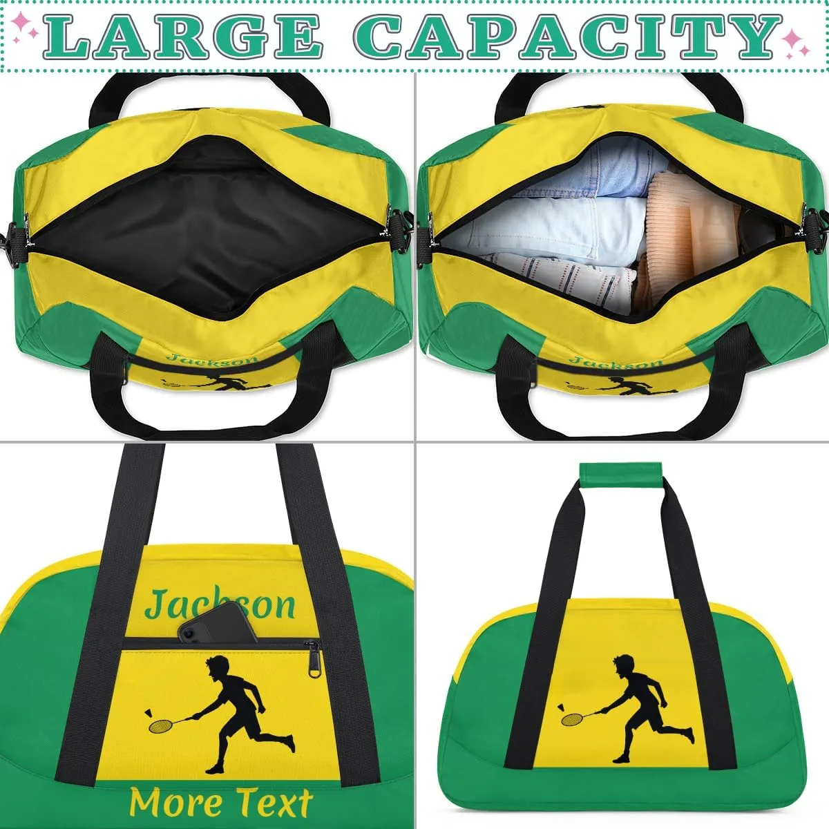 Personalized Kids Duffle Bag for Boys, Custom Sport Gym Bag with Name, Fit School Practice, or Overnight Weekender Travel Green Badminton