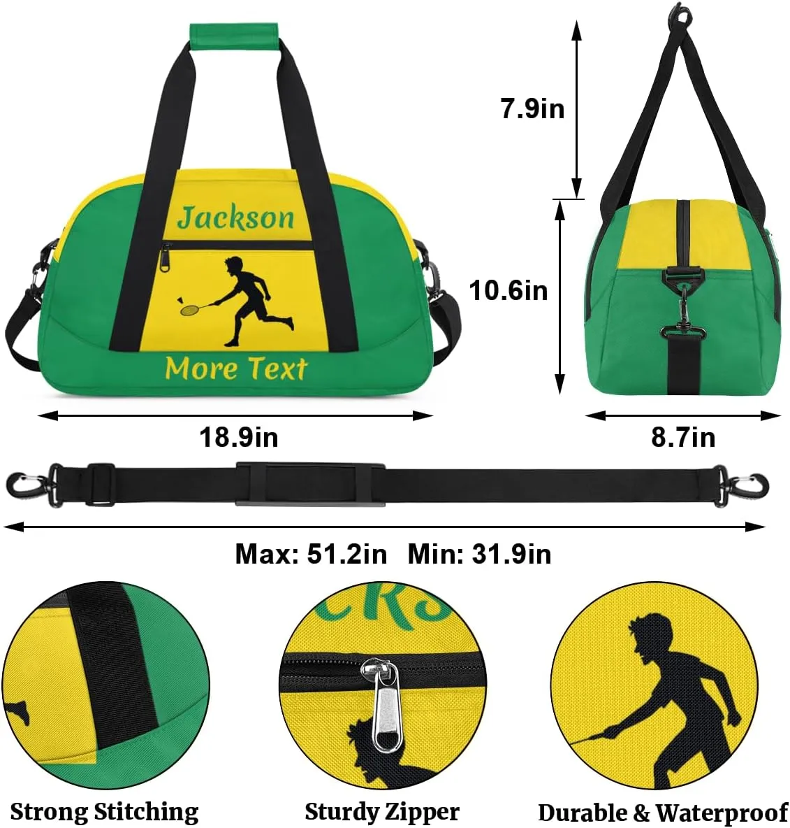 Personalized Kids Duffle Bag for Boys, Custom Sport Gym Bag with Name, Fit School Practice, or Overnight Weekender Travel Green Badminton