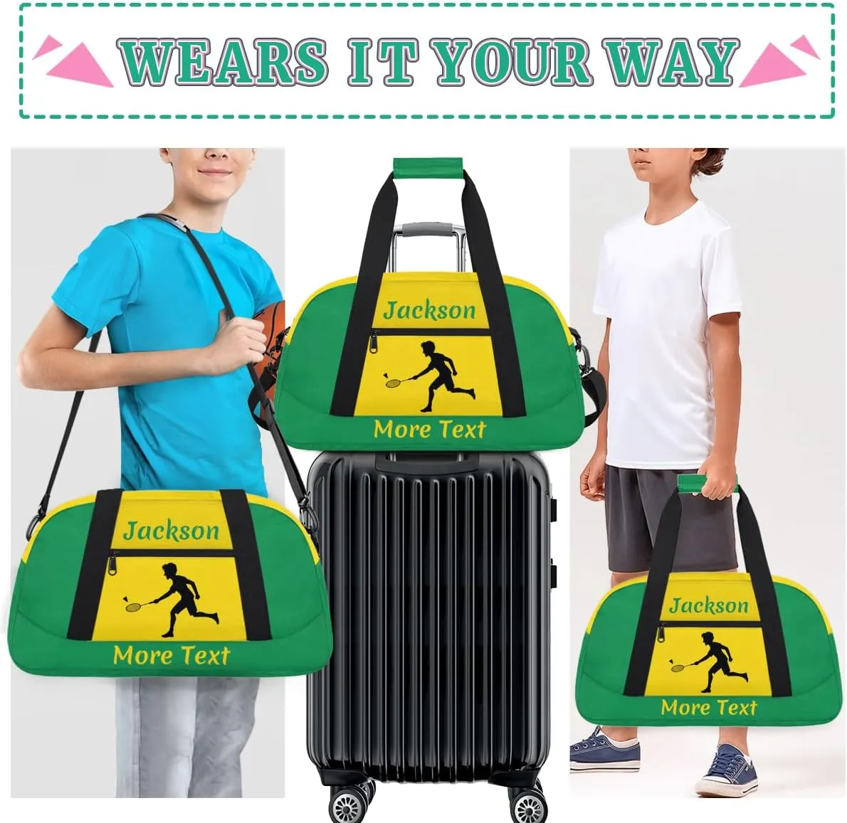 Personalized Kids Duffle Bag for Boys, Custom Sport Gym Bag with Name, Fit School Practice, or Overnight Weekender Travel Green Badminton