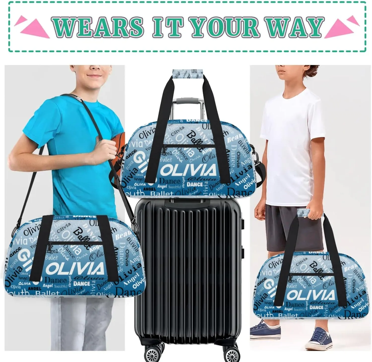 Personalized Name Gym Duffel Overnight Bag, Custom Ballet Dance Bag Weekender Duffel Bags for Travel, Blue Gradient