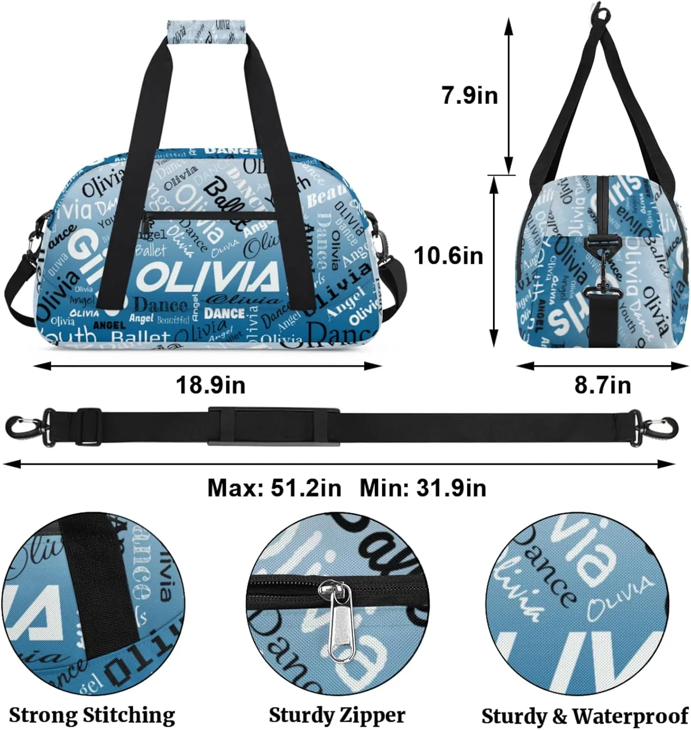 Personalized Name Gym Duffel Overnight Bag, Custom Ballet Dance Bag Weekender Duffel Bags for Travel, Blue Gradient