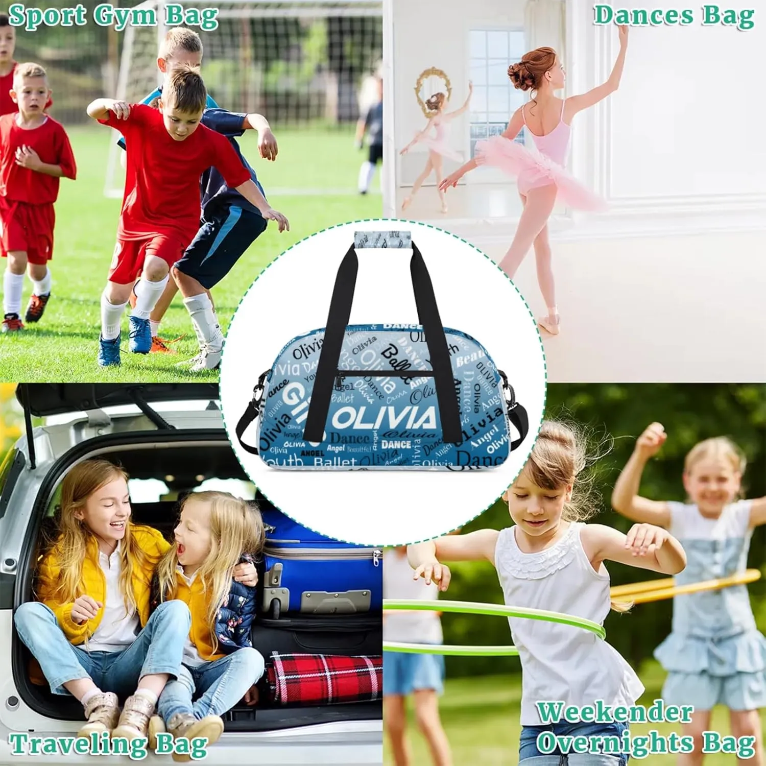 Personalized Name Gym Duffel Overnight Bag, Custom Ballet Dance Bag Weekender Duffel Bags for Travel, Blue Gradient