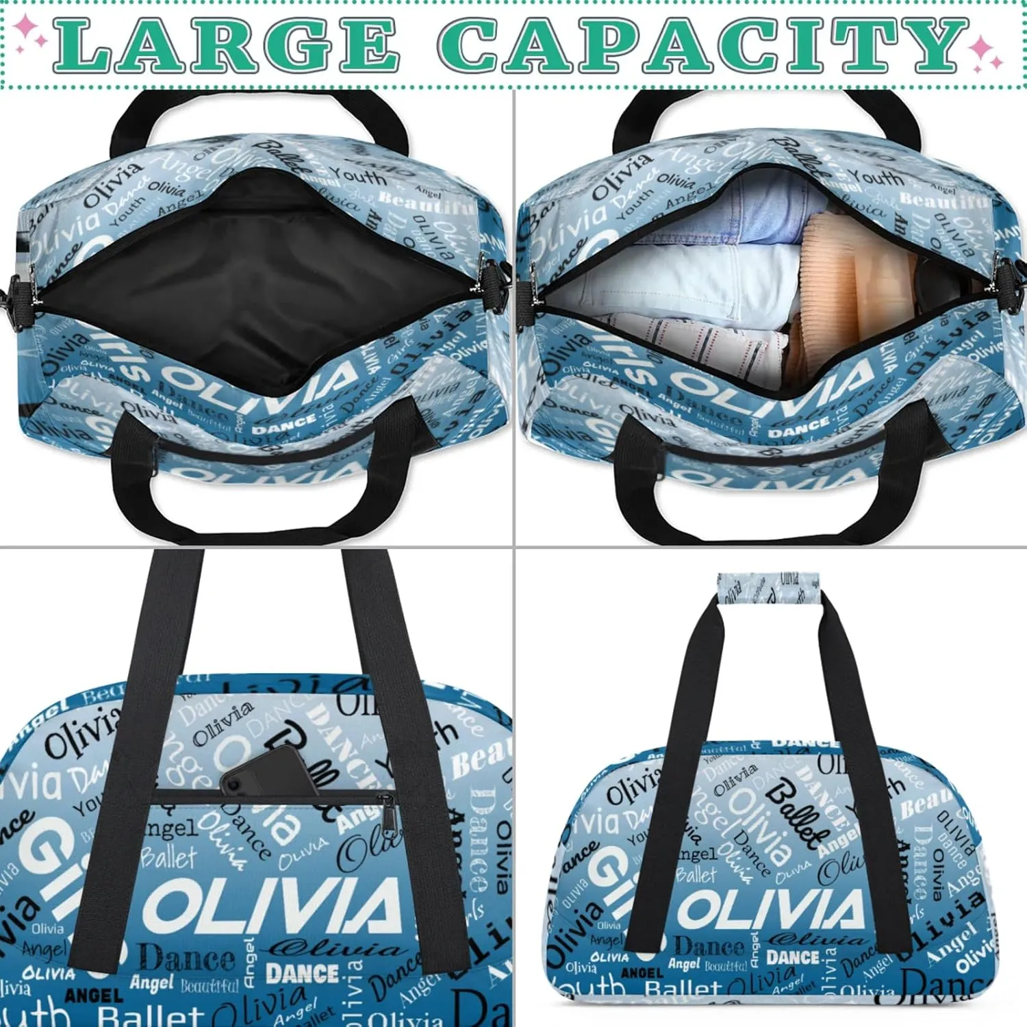 Personalized Name Gym Duffel Overnight Bag, Custom Ballet Dance Bag Weekender Duffel Bags for Travel, Blue Gradient