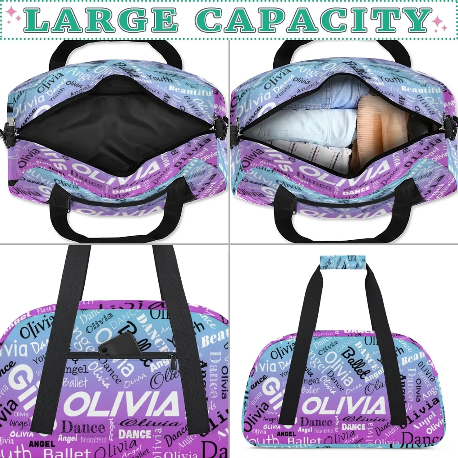Personalized Name Gym Duffel Overnight Bag, Custom Ballet Dance Bag Weekender Duffel Bags for Travel, Blue Purple Gradient