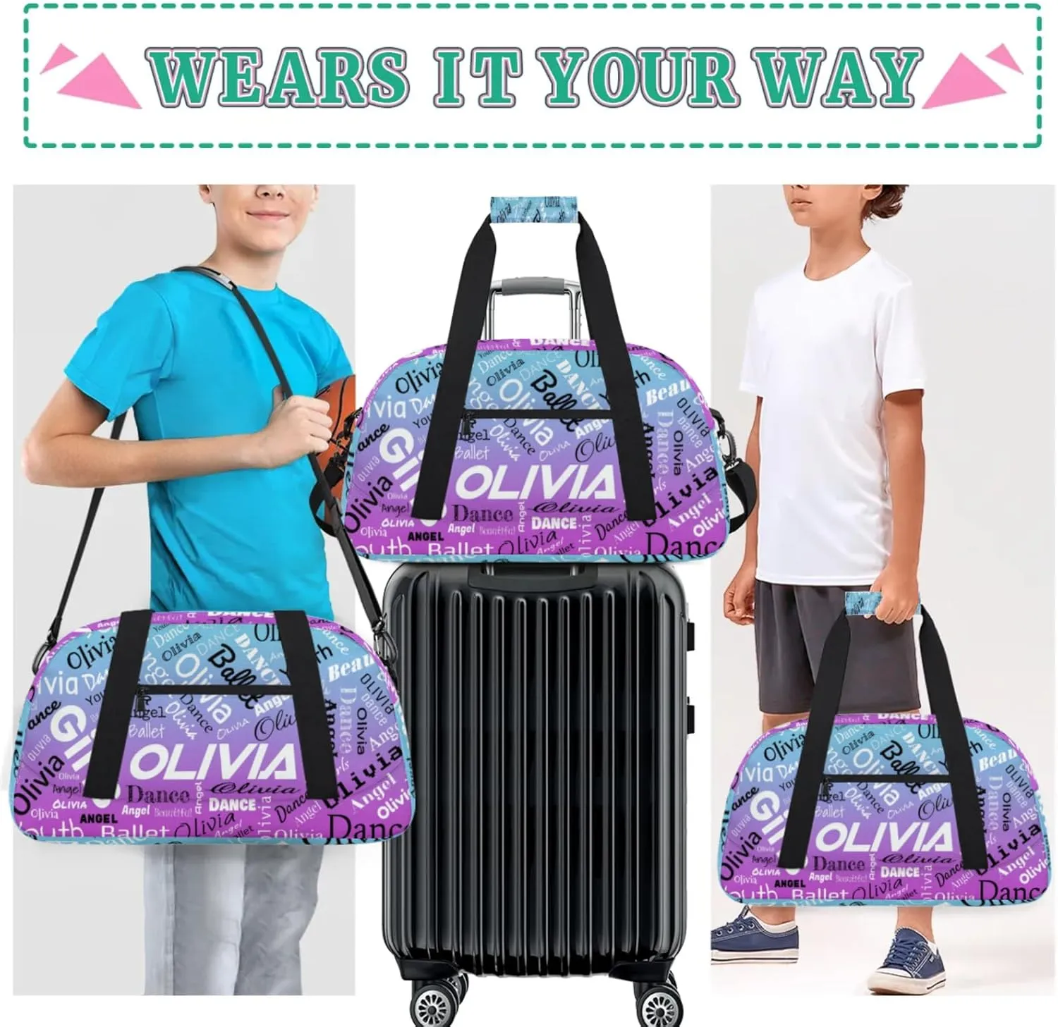 Personalized Name Gym Duffel Overnight Bag, Custom Ballet Dance Bag Weekender Duffel Bags for Travel, Blue Purple Gradient