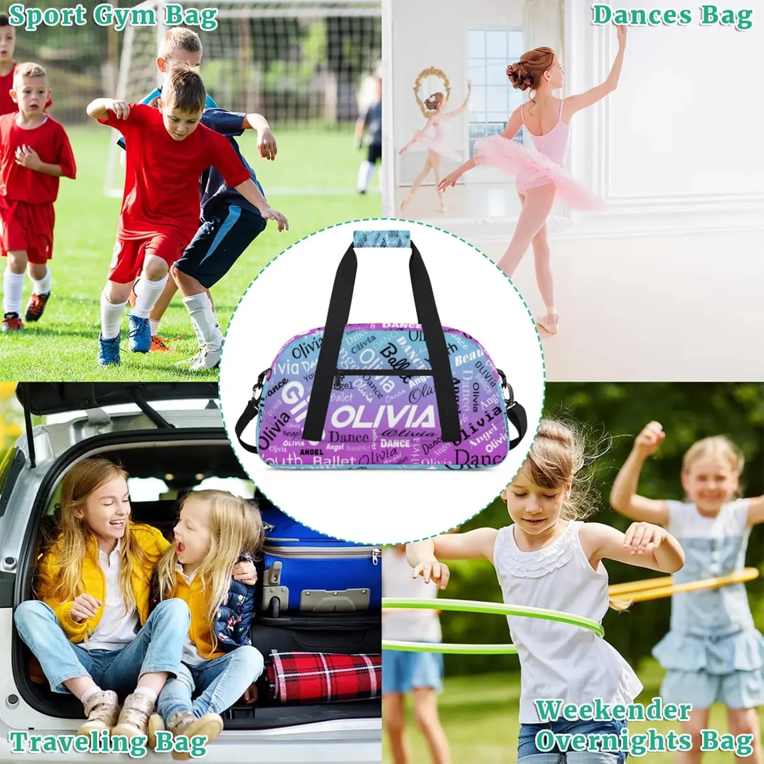 Personalized Name Gym Duffel Overnight Bag, Custom Ballet Dance Bag Weekender Duffel Bags for Travel, Blue Purple Gradient