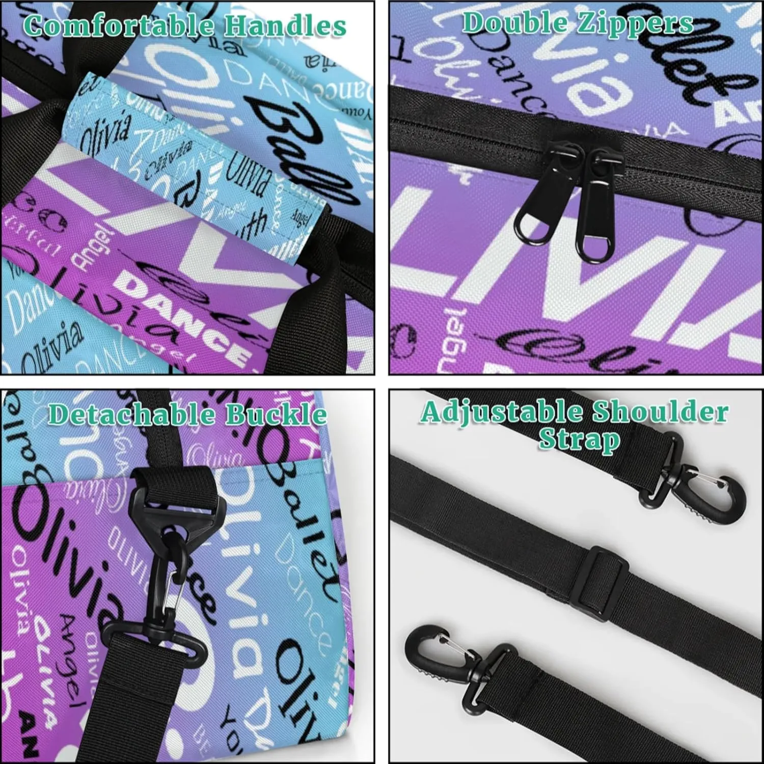 Personalized Name Gym Duffel Overnight Bag, Custom Ballet Dance Bag Weekender Duffel Bags for Travel, Blue Purple Gradient