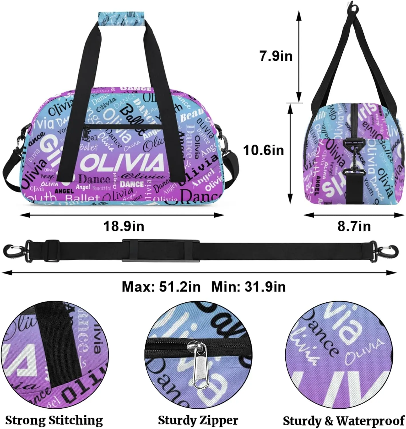 Personalized Name Gym Duffel Overnight Bag, Custom Ballet Dance Bag Weekender Duffel Bags for Travel, Blue Purple Gradient