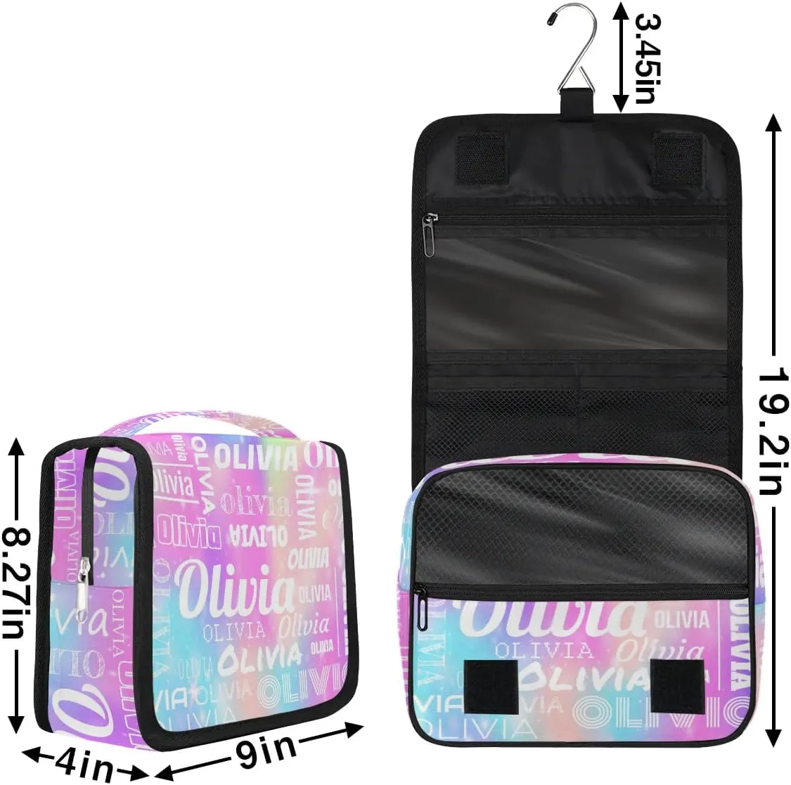 Personalized Name Travel Makeup Bag with Hanging Hook Custom Toiletry Bag Travel Cosmetics Case Waterproof for Women Men Accessories, Rainbow Sparkly