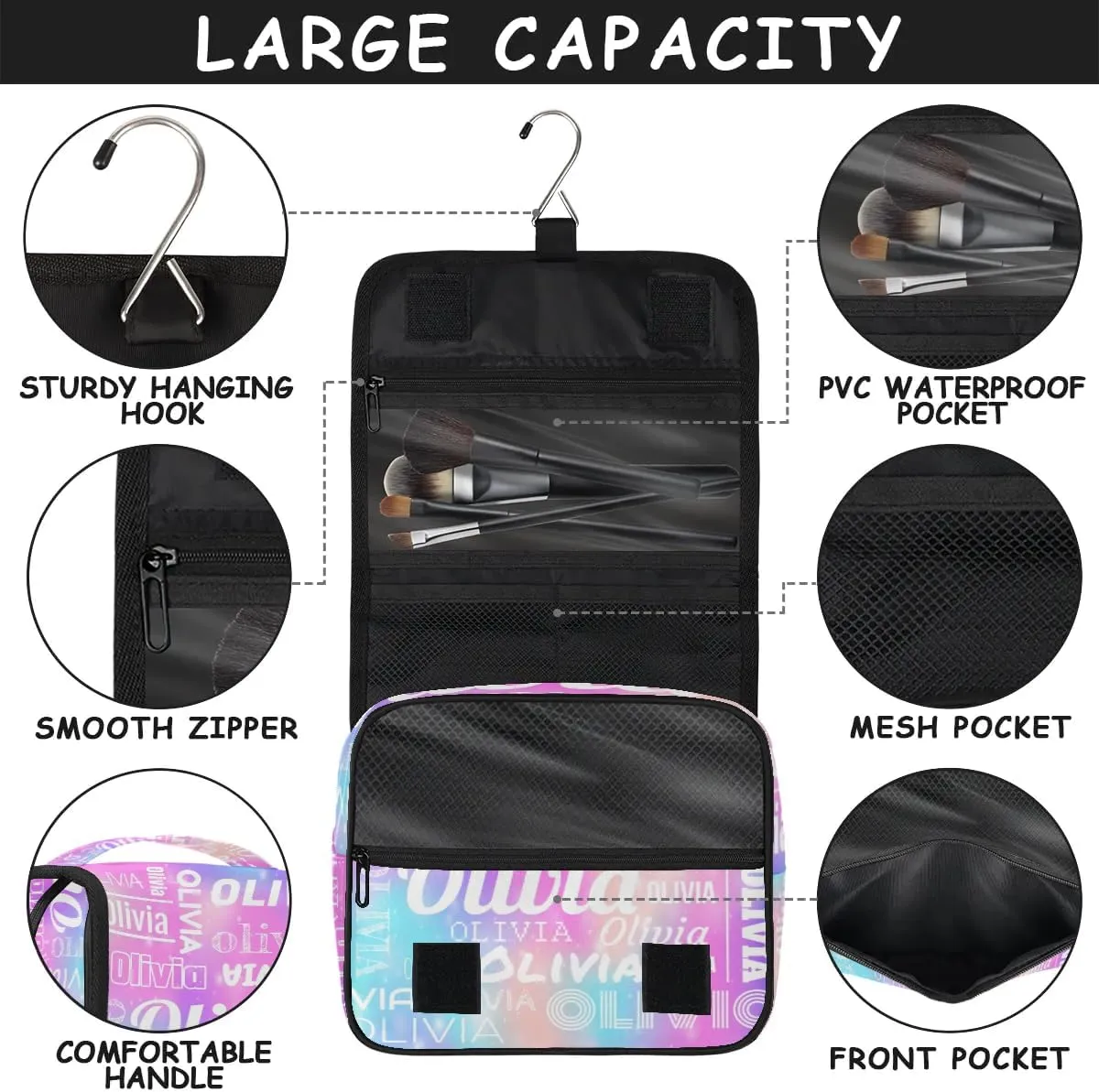 Personalized Name Travel Makeup Bag with Hanging Hook Custom Toiletry Bag Travel Cosmetics Case Waterproof for Women Men Accessories, Rainbow Sparkly