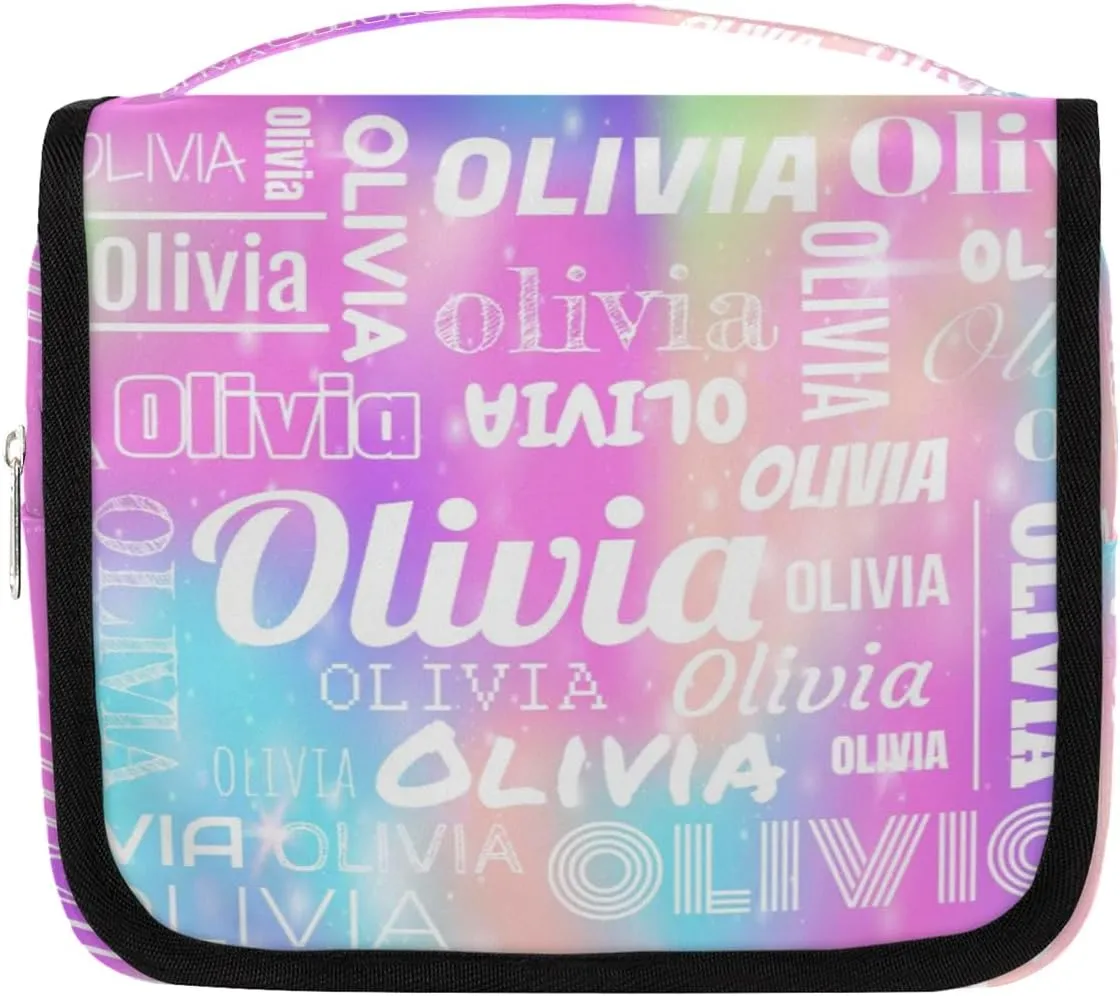 Personalized Name Travel Makeup Bag with Hanging Hook Custom Toiletry Bag Travel Cosmetics Case Waterproof for Women Men Accessories, Rainbow Sparkly