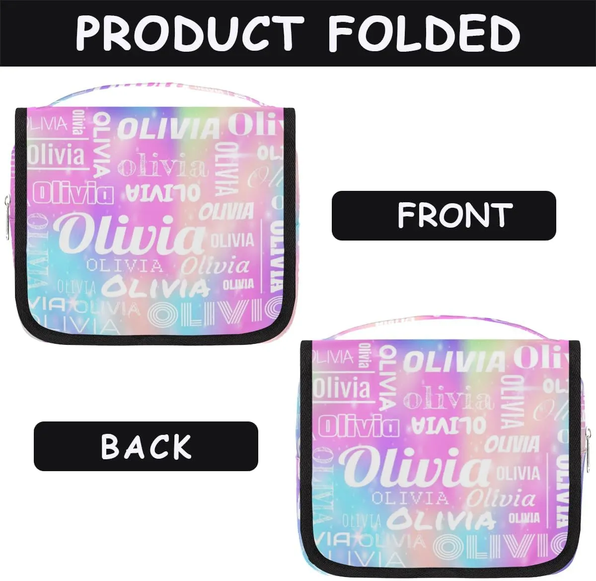 Personalized Name Travel Makeup Bag with Hanging Hook Custom Toiletry Bag Travel Cosmetics Case Waterproof for Women Men Accessories, Rainbow Sparkly