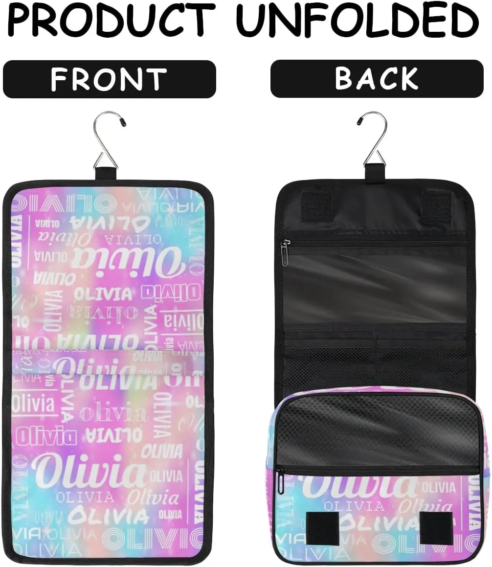 Personalized Name Travel Makeup Bag with Hanging Hook Custom Toiletry Bag Travel Cosmetics Case Waterproof for Women Men Accessories, Rainbow Sparkly