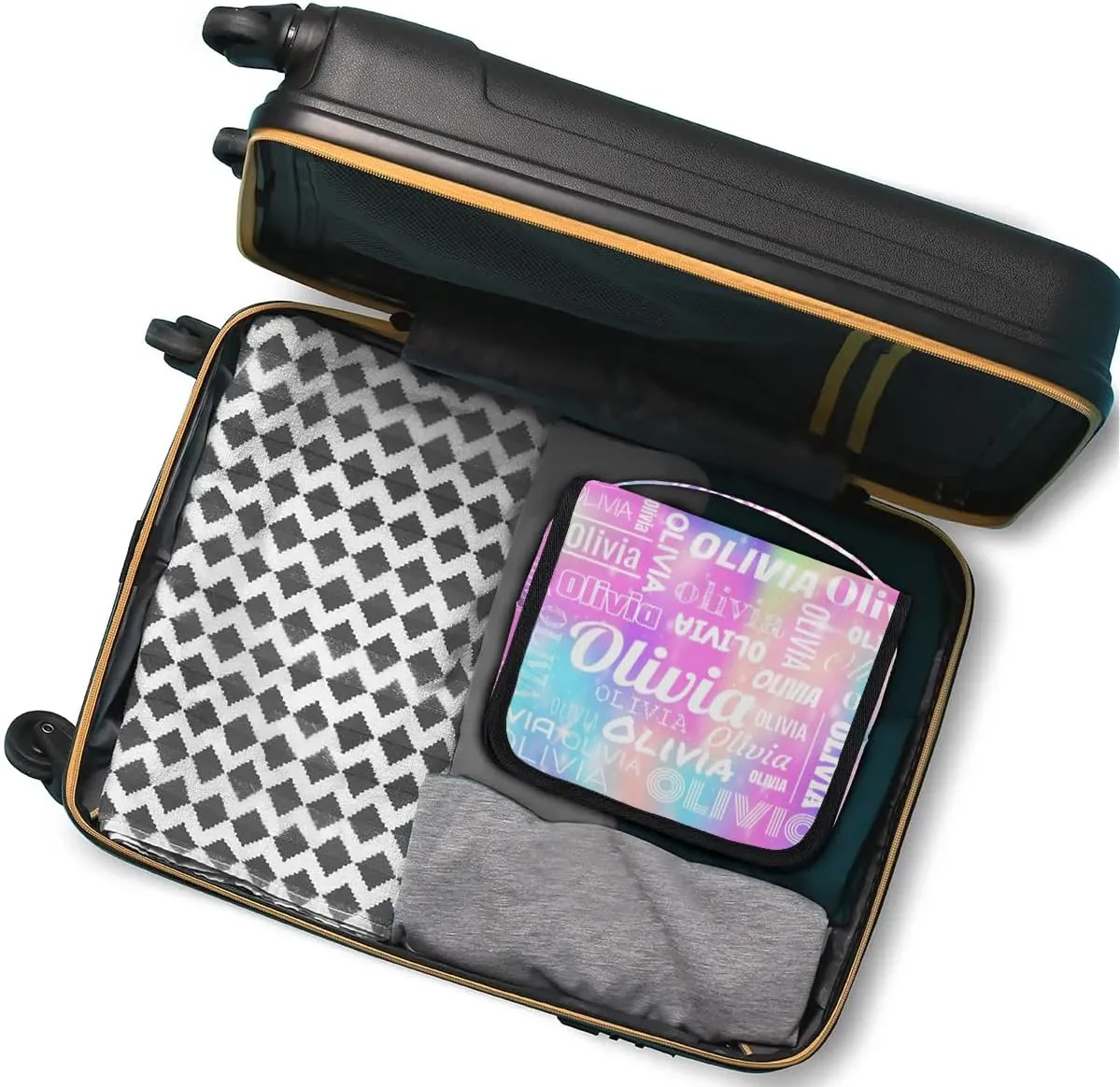 Personalized Name Travel Makeup Bag with Hanging Hook Custom Toiletry Bag Travel Cosmetics Case Waterproof for Women Men Accessories, Rainbow Sparkly