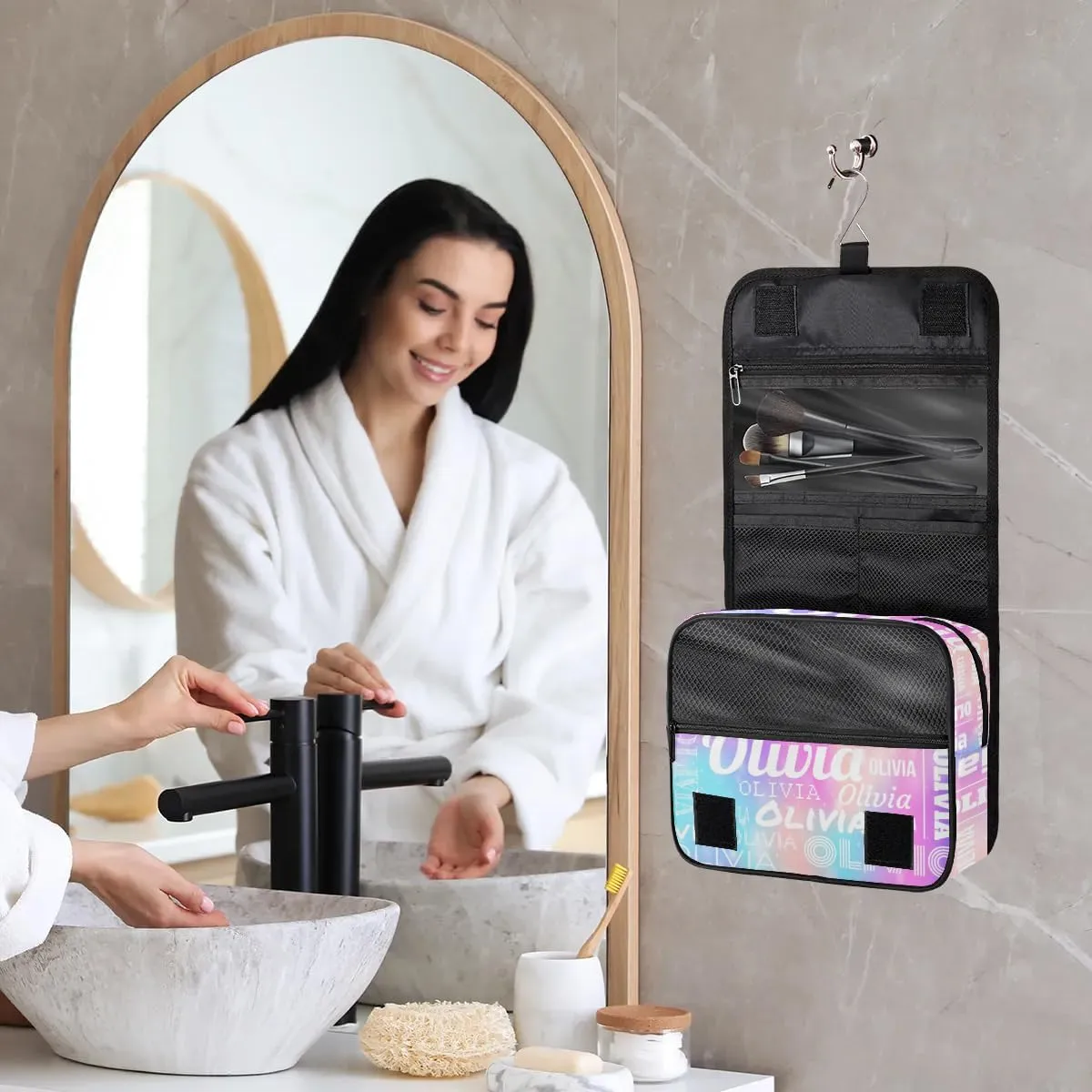 Personalized Name Travel Makeup Bag with Hanging Hook Custom Toiletry Bag Travel Cosmetics Case Waterproof for Women Men Accessories, Rainbow Sparkly