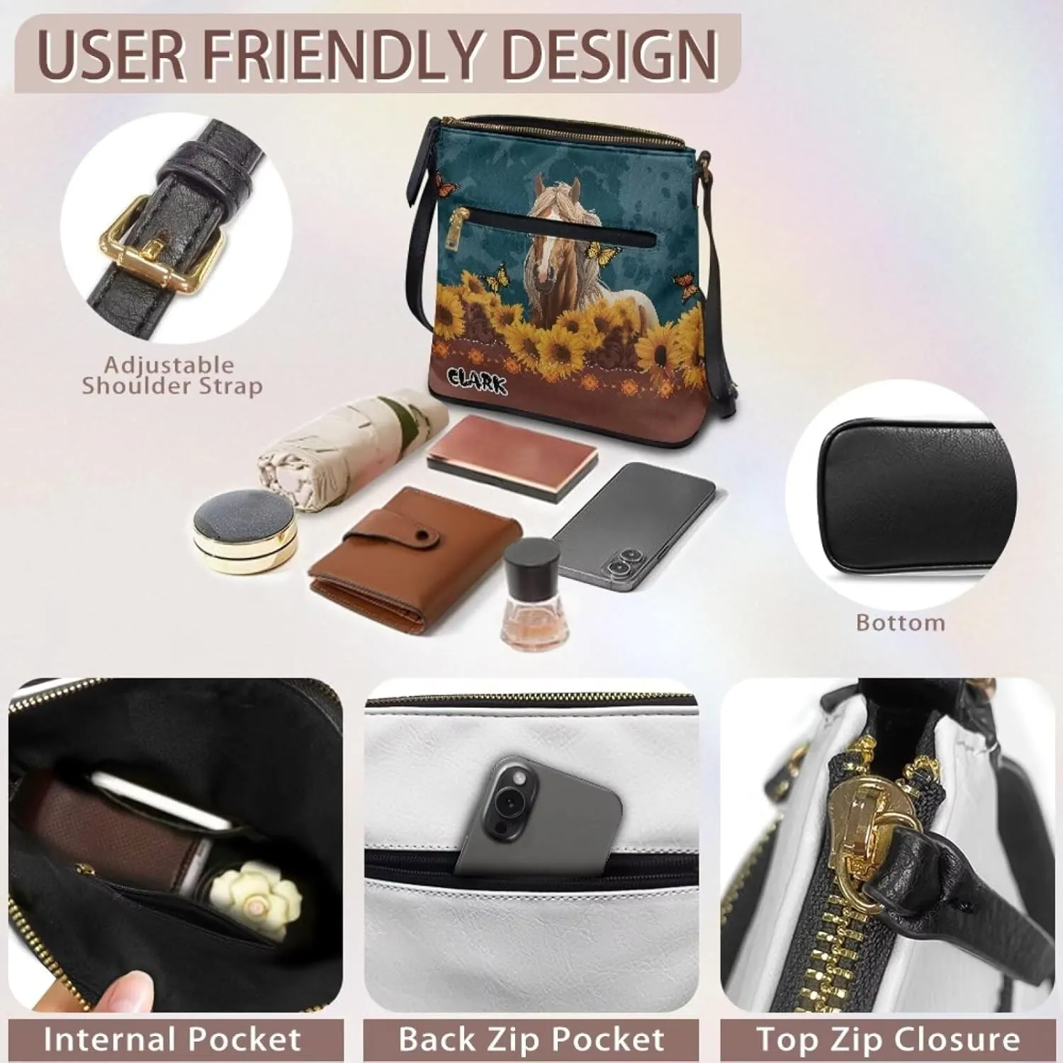 Personalized Purse for Women Custom Leather Crossbody Bag with Name Customized Hobo Bag with Zipper