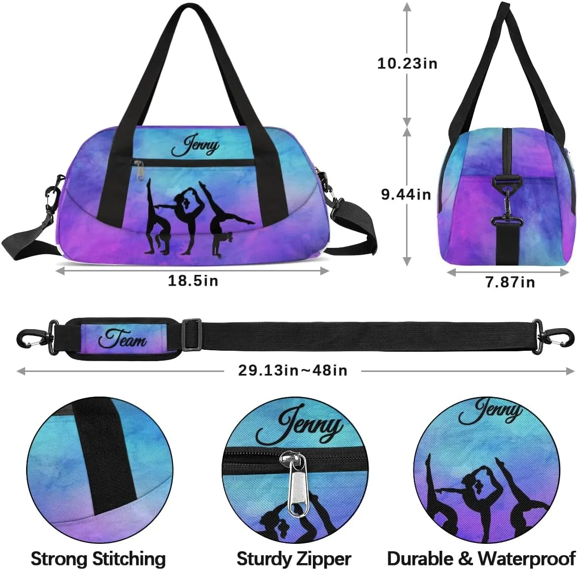 Personalized Sport Dance Bag for Girls, Customized Kids Gymnastics Overnighter Duffle Bag for Gym,Travel Carry on Weekender Bags with Name Text Logo Team Gifts,Blue Purple