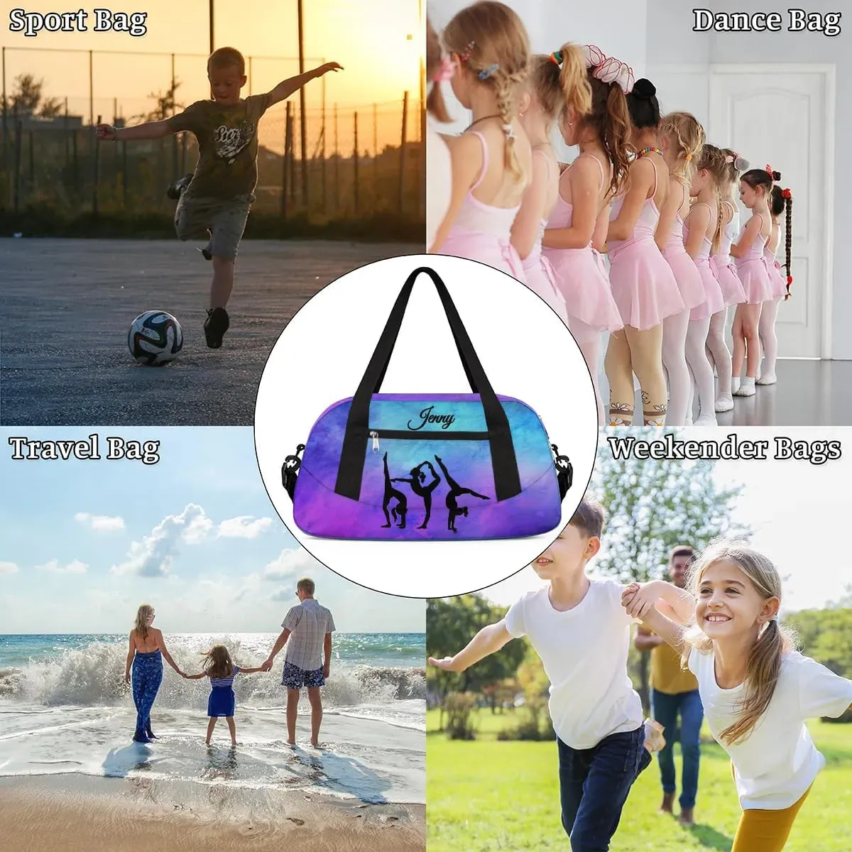 Personalized Sport Dance Bag for Girls, Customized Kids Gymnastics Overnighter Duffle Bag for Gym,Travel Carry on Weekender Bags with Name Text Logo Team Gifts,Blue Purple