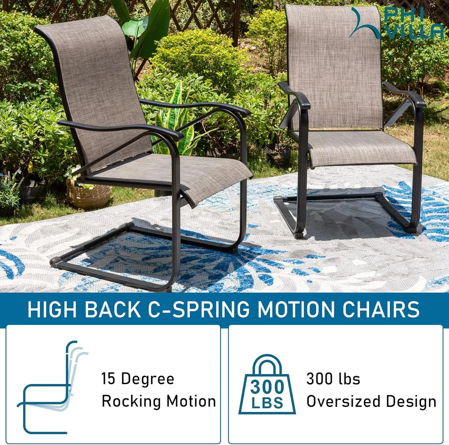 PHI VILLA Outdoor Dining Chairs Set of 4, High Back Metal Frame Textilene Fabric Rocker Chairs for Patio, Deck, Yard, Porch