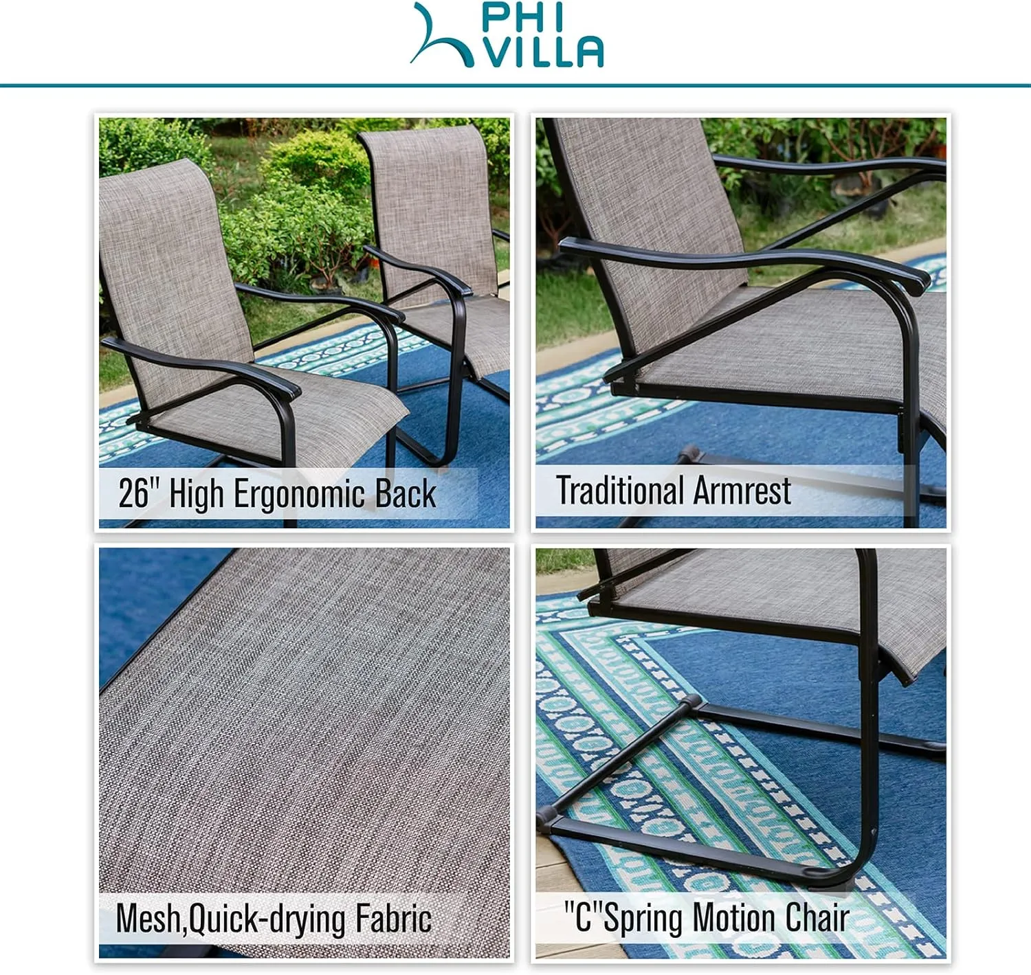 PHI VILLA Outdoor Dining Chairs Set of 4, High Back Metal Frame Textilene Fabric Rocker Chairs for Patio, Deck, Yard, Porch