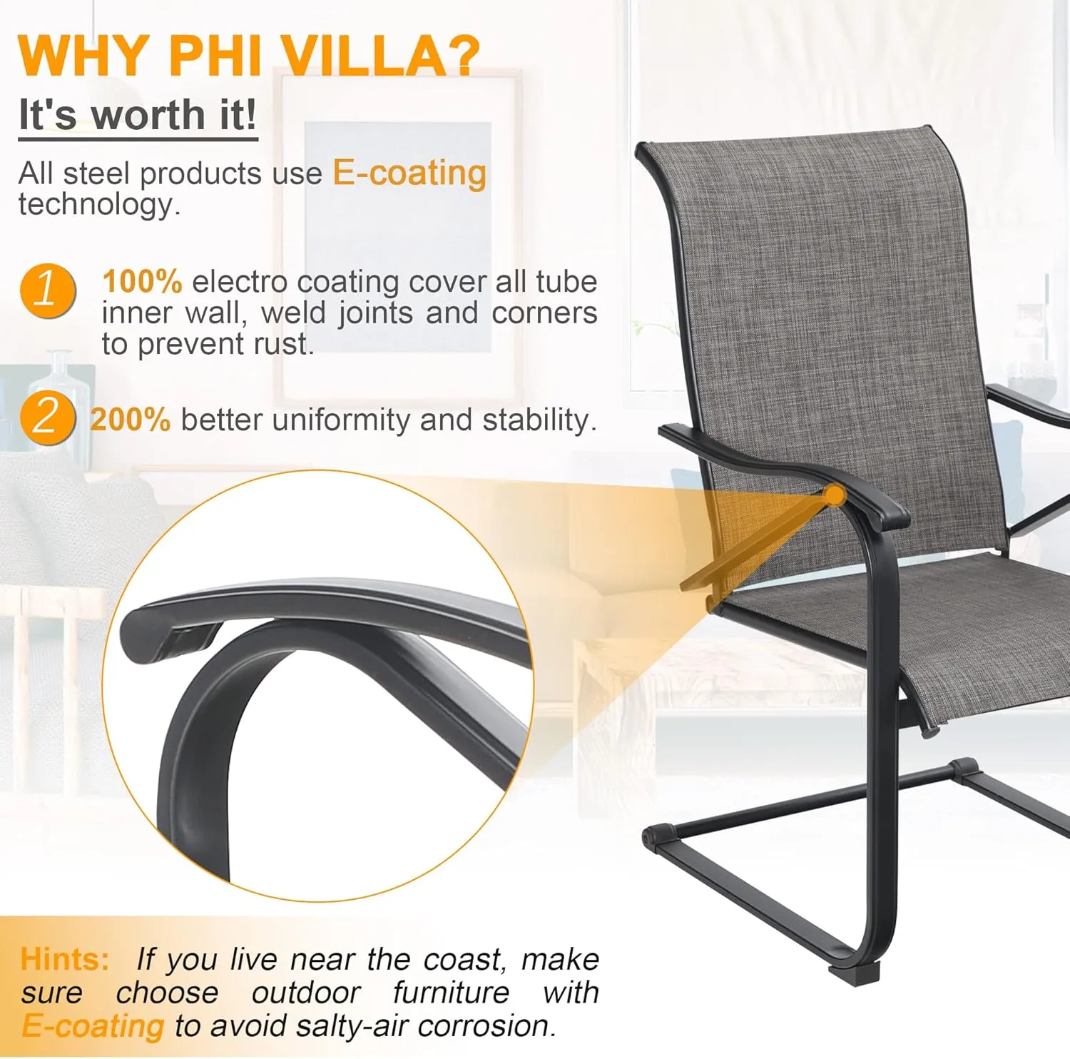 PHI VILLA Outdoor Dining Chairs Set of 4, High Back Metal Frame Textilene Fabric Rocker Chairs for Patio, Deck, Yard, Porch