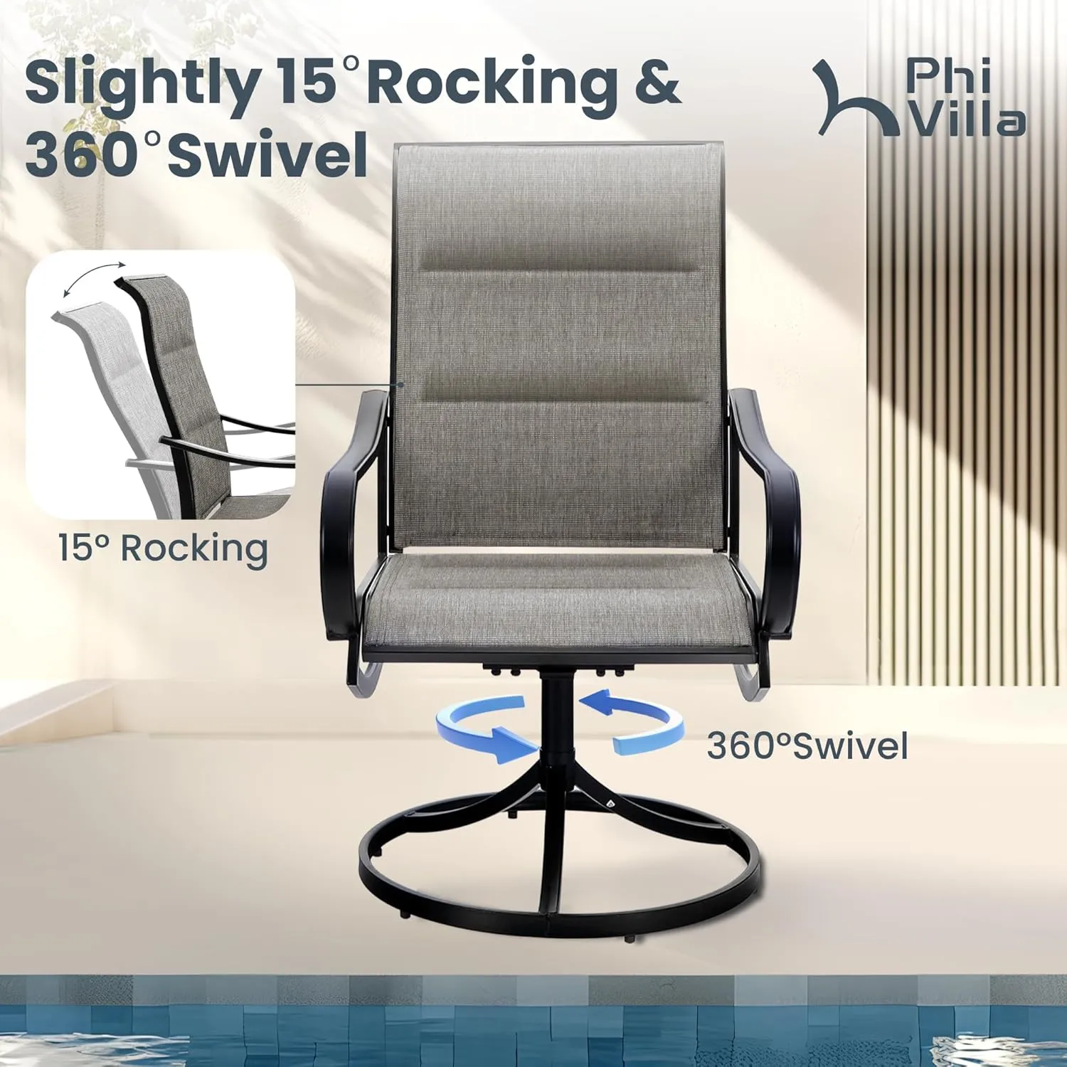 PHI VILLA Outdoor Swivel Patio Dining Chairs Set of 2, All Weather Patio Chair with Padded Textilene & Metal Frame for Outdoor Poolside Lawn Garden, Brown